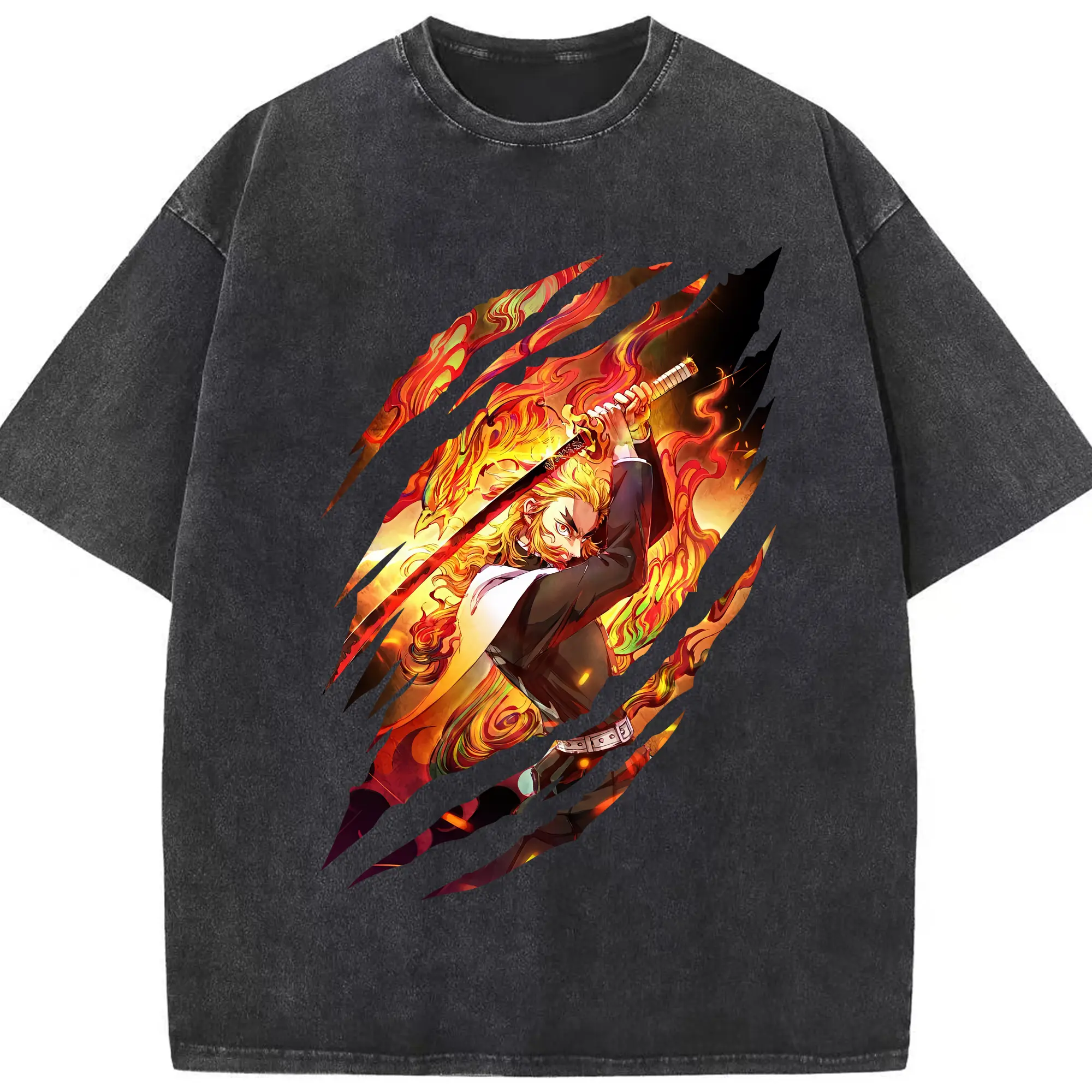 鬼滅の刃 グッズ,煉獄 杏寿郎 - 綿100％ ヴィンテージ風 半袖Tシャツ ・ フロントプリント ・ 柔らか肌触り ・ 通気性 快適 ・ スポーツ カジュアル 外出用