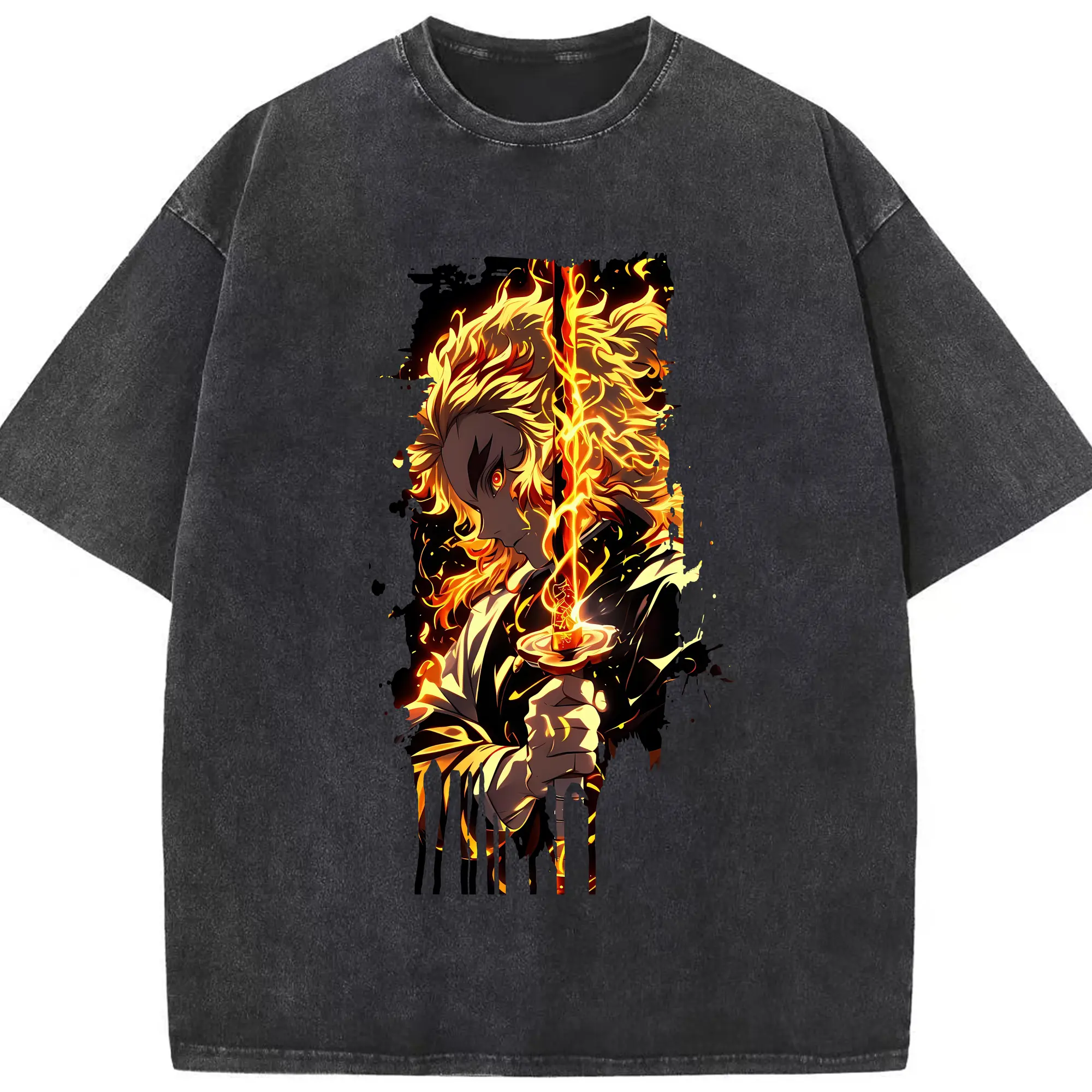 鬼滅の刃 グッズ,煉獄 杏寿郎 - 綿100％ ヴィンテージ風 半袖Tシャツ ・ フロントプリント ・ 柔らか肌触り ・ 通気性 快適 ・ スポーツ カジュアル 外出用