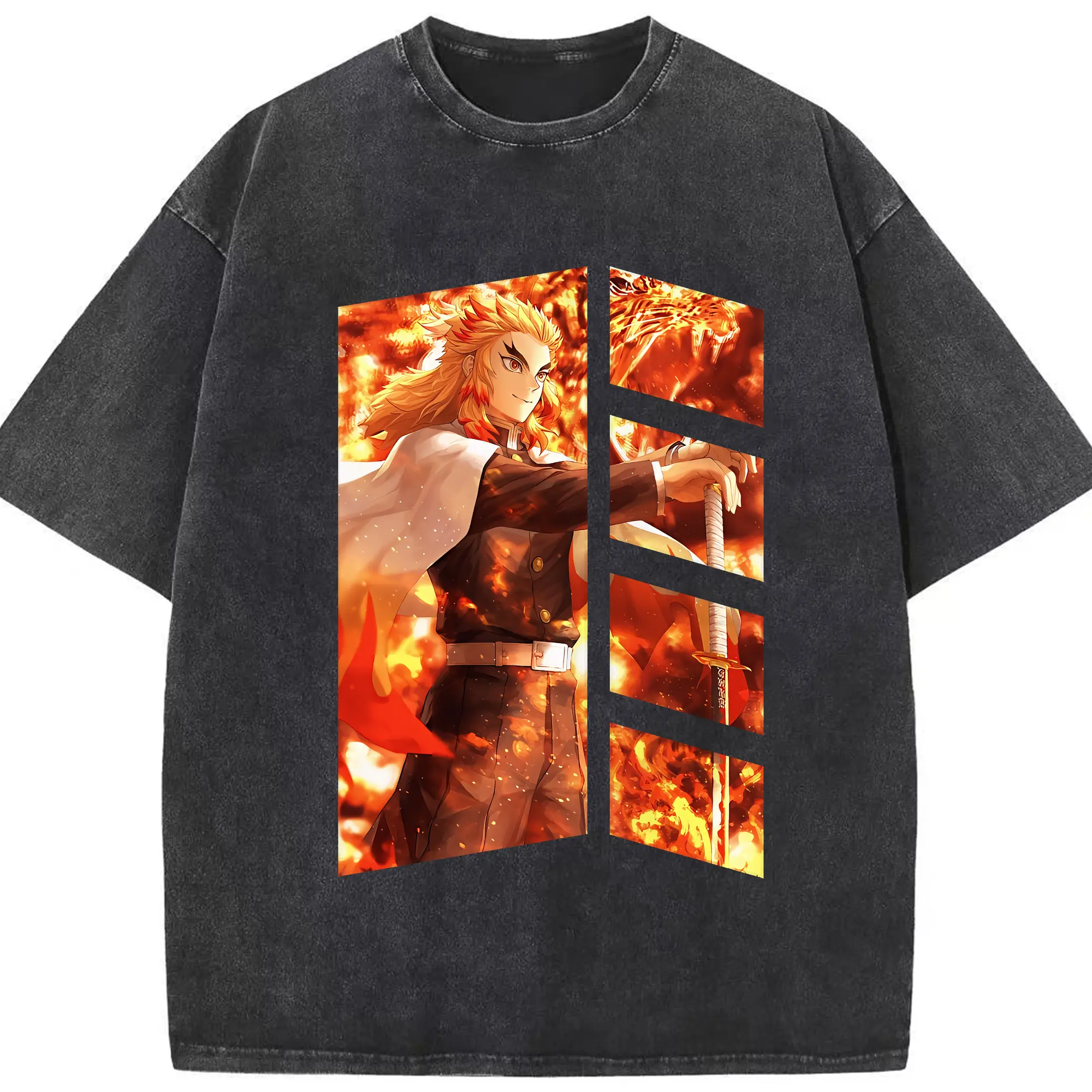 鬼滅の刃 グッズ,煉獄 杏寿郎 - 綿100％ ヴィンテージ風 半袖Tシャツ ・ フロントプリント ・ 柔らか肌触り ・ 通気性 快適 ・ スポーツ カジュアル 外出用