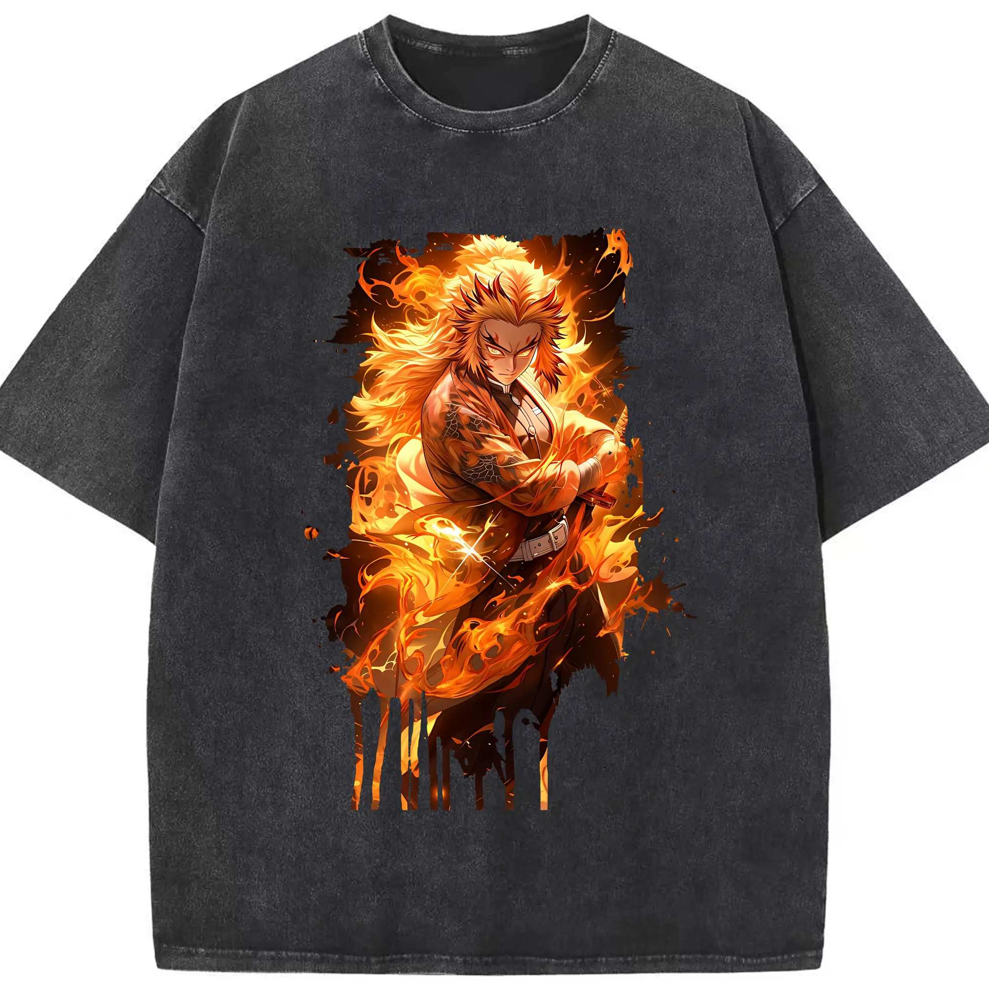 鬼滅の刃 グッズ,煉獄 杏寿郎 - 綿100％ ヴィンテージ風 半袖Tシャツ ・ フロントプリント ・ 柔らか肌触り ・ 通気性 快適 ・ スポーツ カジュアル 外出用