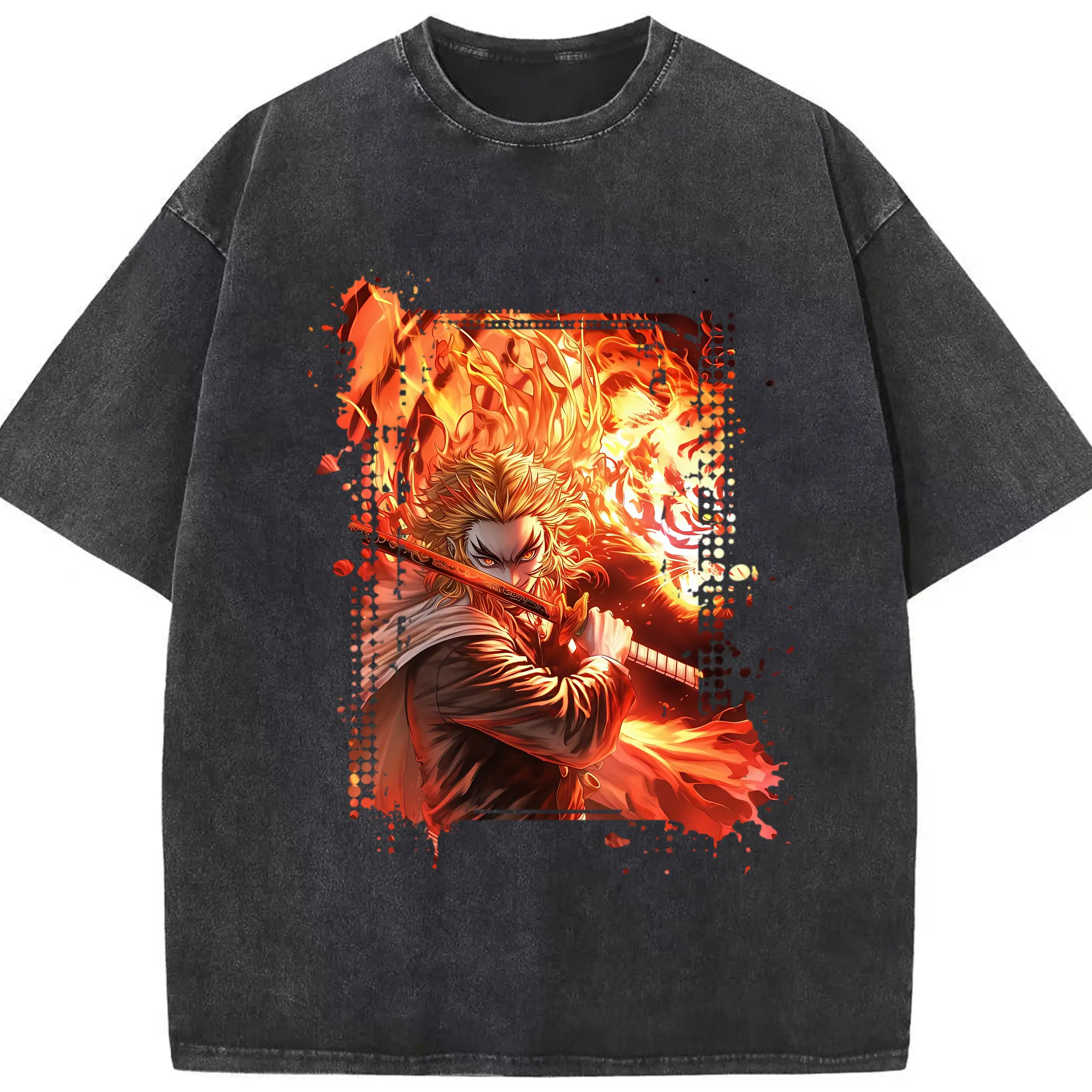 鬼滅の刃 グッズ,煉獄 杏寿郎 - 綿100％ ヴィンテージ風 半袖Tシャツ ・ フロントプリント ・ 柔らか肌触り ・ 通気性 快適 ・ スポーツ カジュアル 外出用