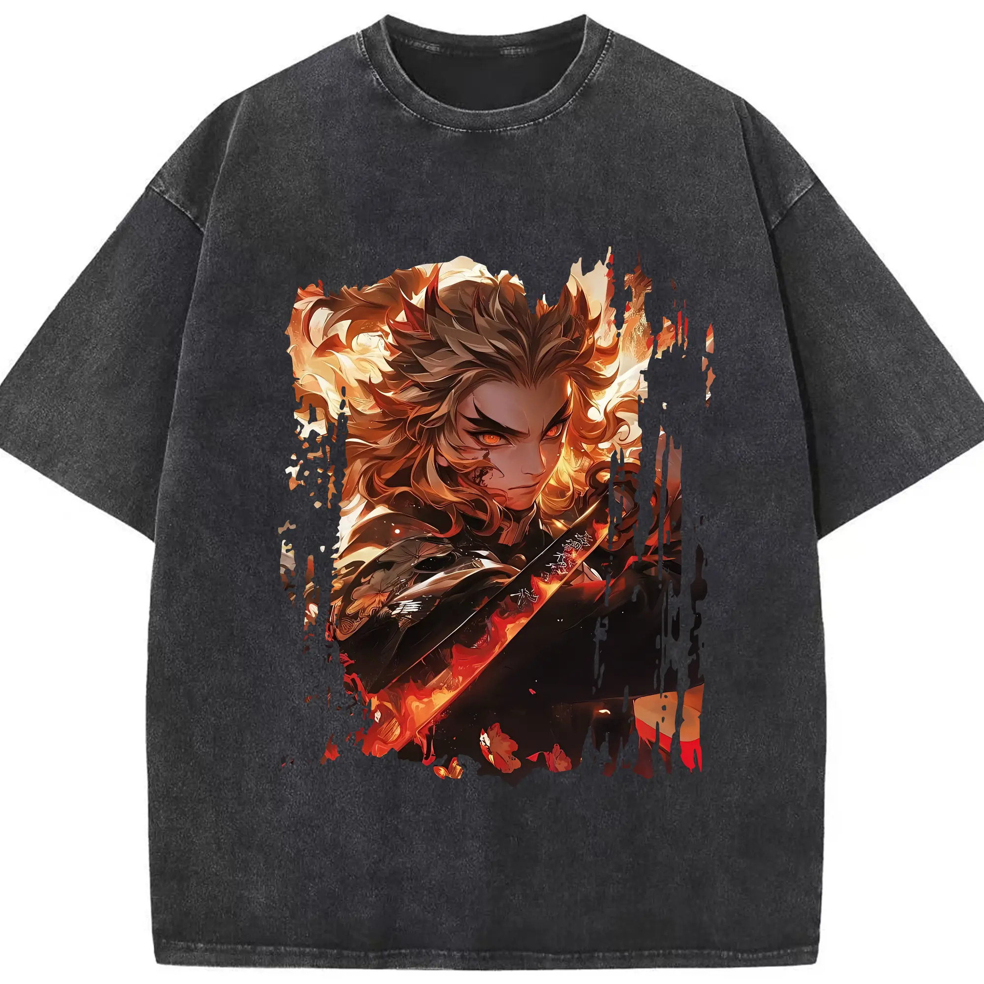 鬼滅の刃 グッズ,煉獄 杏寿郎 - 綿100％ ヴィンテージ風 半袖Tシャツ ・ フロントプリント ・ 柔らか肌触り ・ 通気性 快適 ・ スポーツ カジュアル 外出用