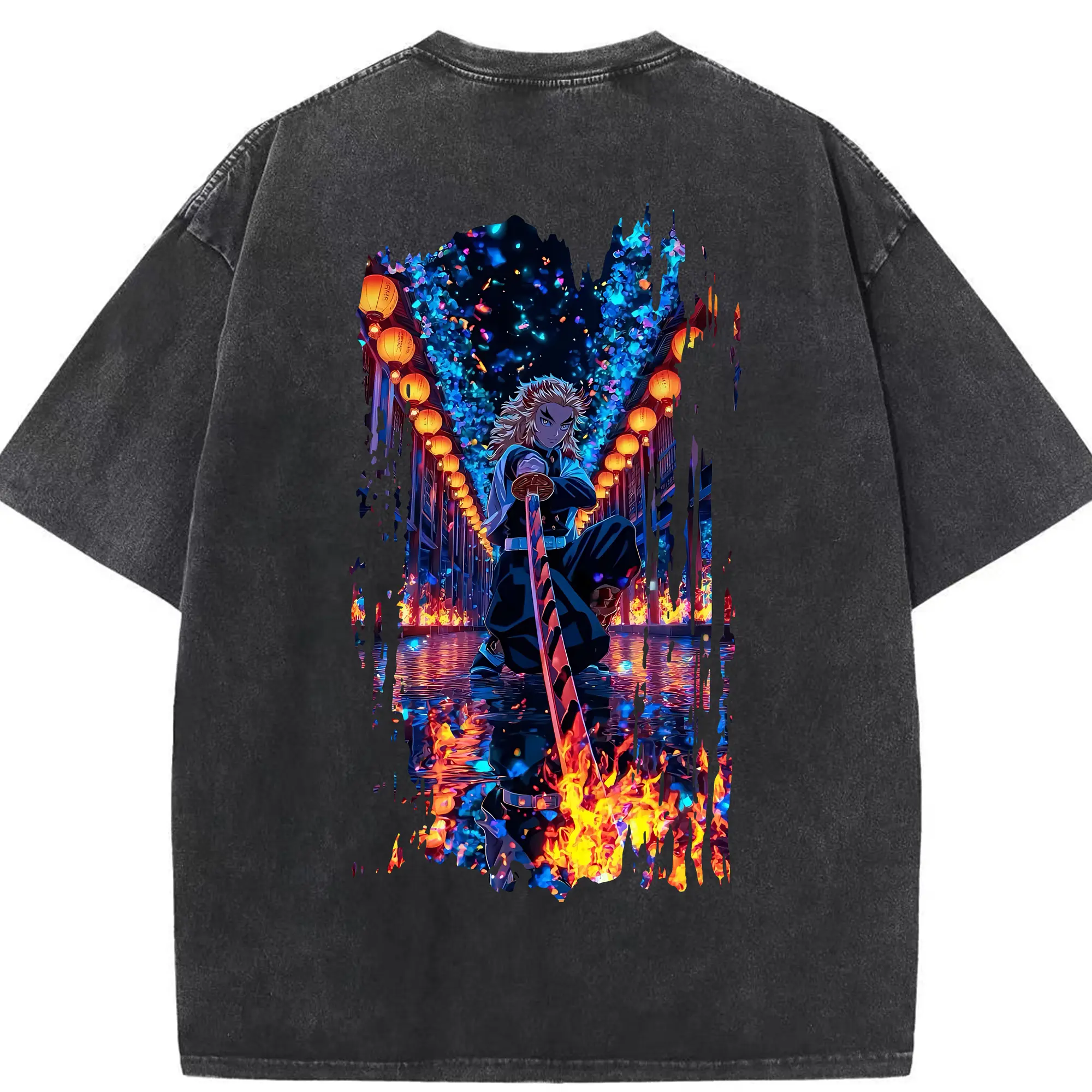 鬼滅の刃 グッズ,煉獄 杏寿郎 - 綿100％ ヴィンテージ風 半袖Tシャツ ・ 背面プリント ・ 柔らか肌触り ・ 通気性 快適 ・ スポーツ カジュアル 外出用