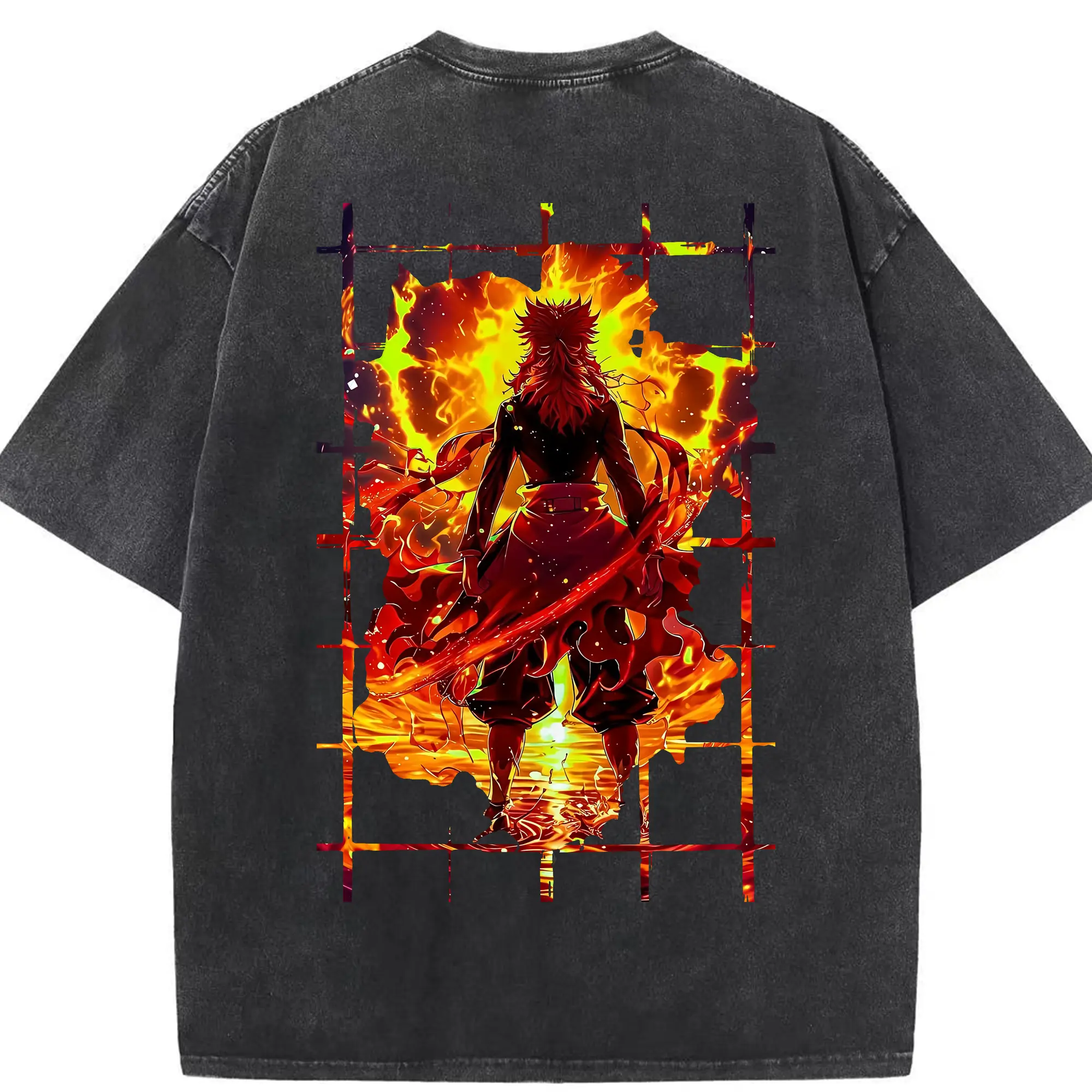 鬼滅の刃 グッズ,煉獄 杏寿郎 - 綿100％ ヴィンテージ風 半袖Tシャツ ・ 背面プリント ・ 柔らか肌触り ・ 通気性 快適 ・ スポーツ カジュアル 外出用