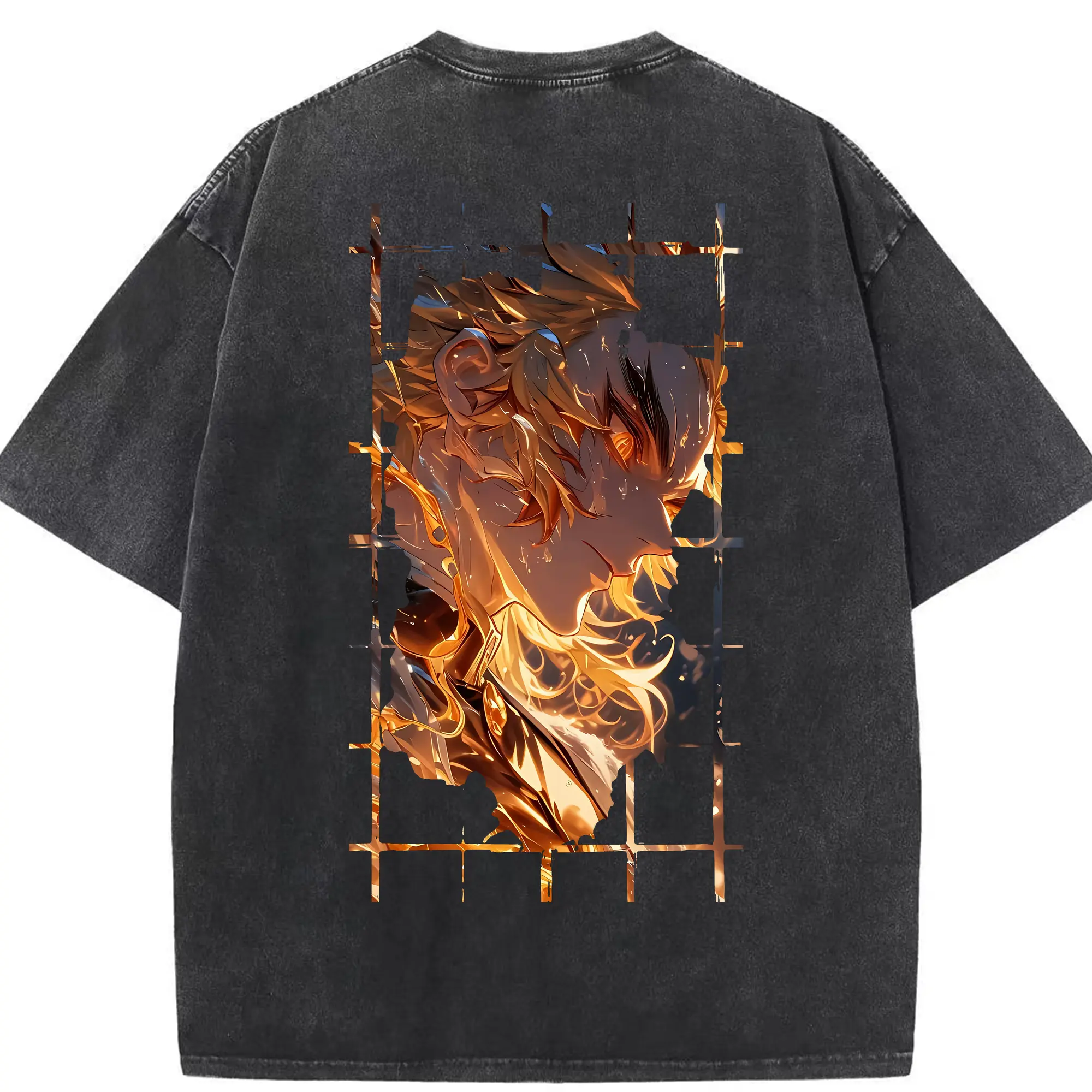 鬼滅の刃 グッズ,煉獄 杏寿郎 - 綿100％ ヴィンテージ風 半袖Tシャツ ・ 背面プリント ・ 柔らか肌触り ・ 通気性 快適 ・ スポーツ カジュアル 外出用