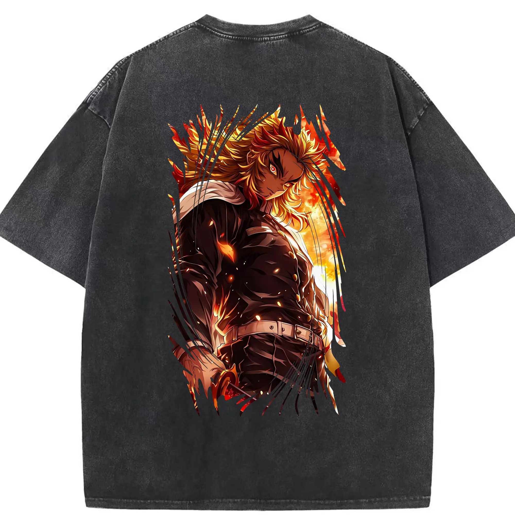 鬼滅の刃 グッズ,煉獄 杏寿郎 - 綿100％ ヴィンテージ風 半袖Tシャツ ・ 背面プリント ・ 柔らか肌触り ・ 通気性 快適 ・ スポーツ カジュアル 外出用