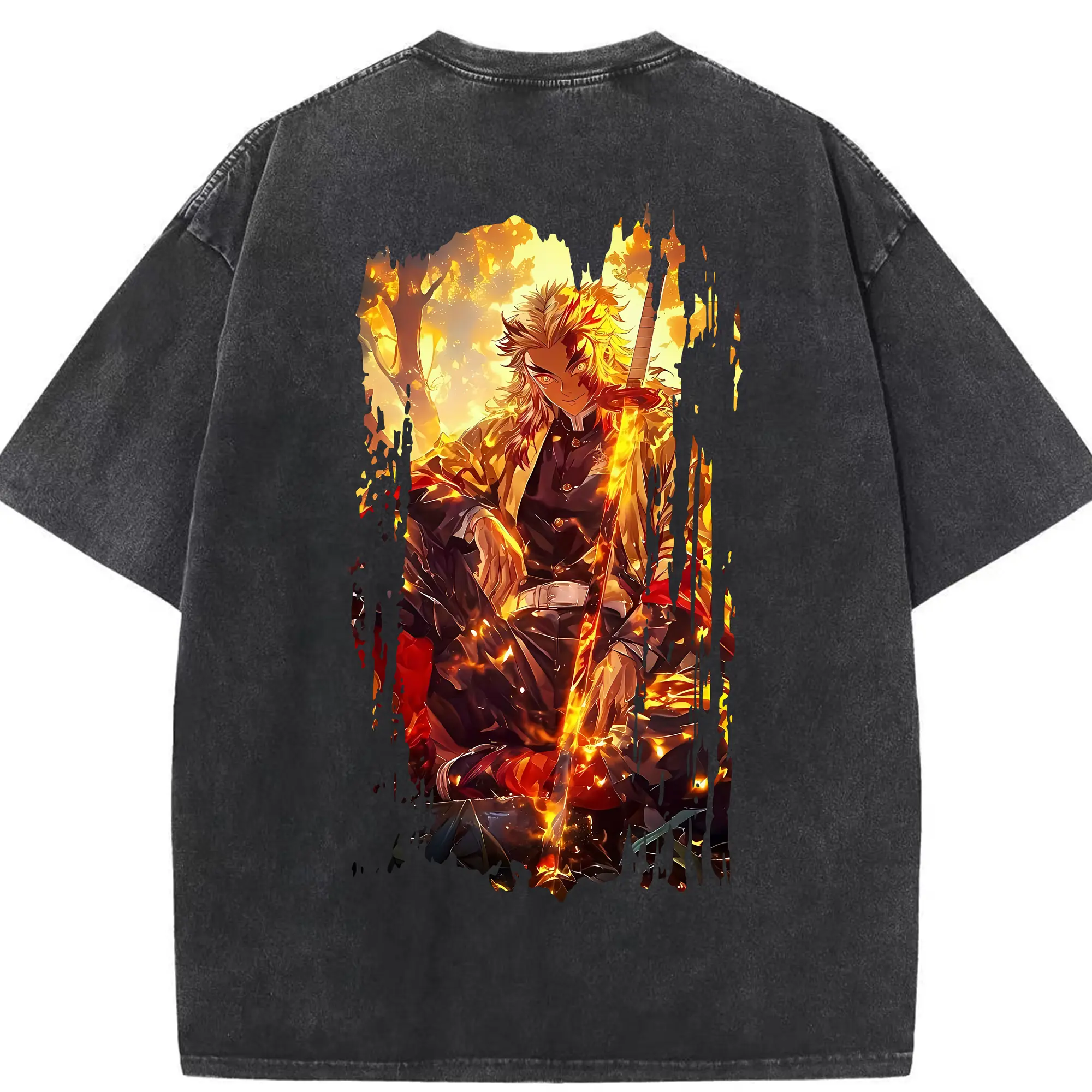 鬼滅の刃 グッズ,煉獄 杏寿郎 - 綿100％ ヴィンテージ風 半袖Tシャツ ・ 背面プリント ・ 柔らか肌触り ・ 通気性 快適 ・ スポーツ カジュアル 外出用