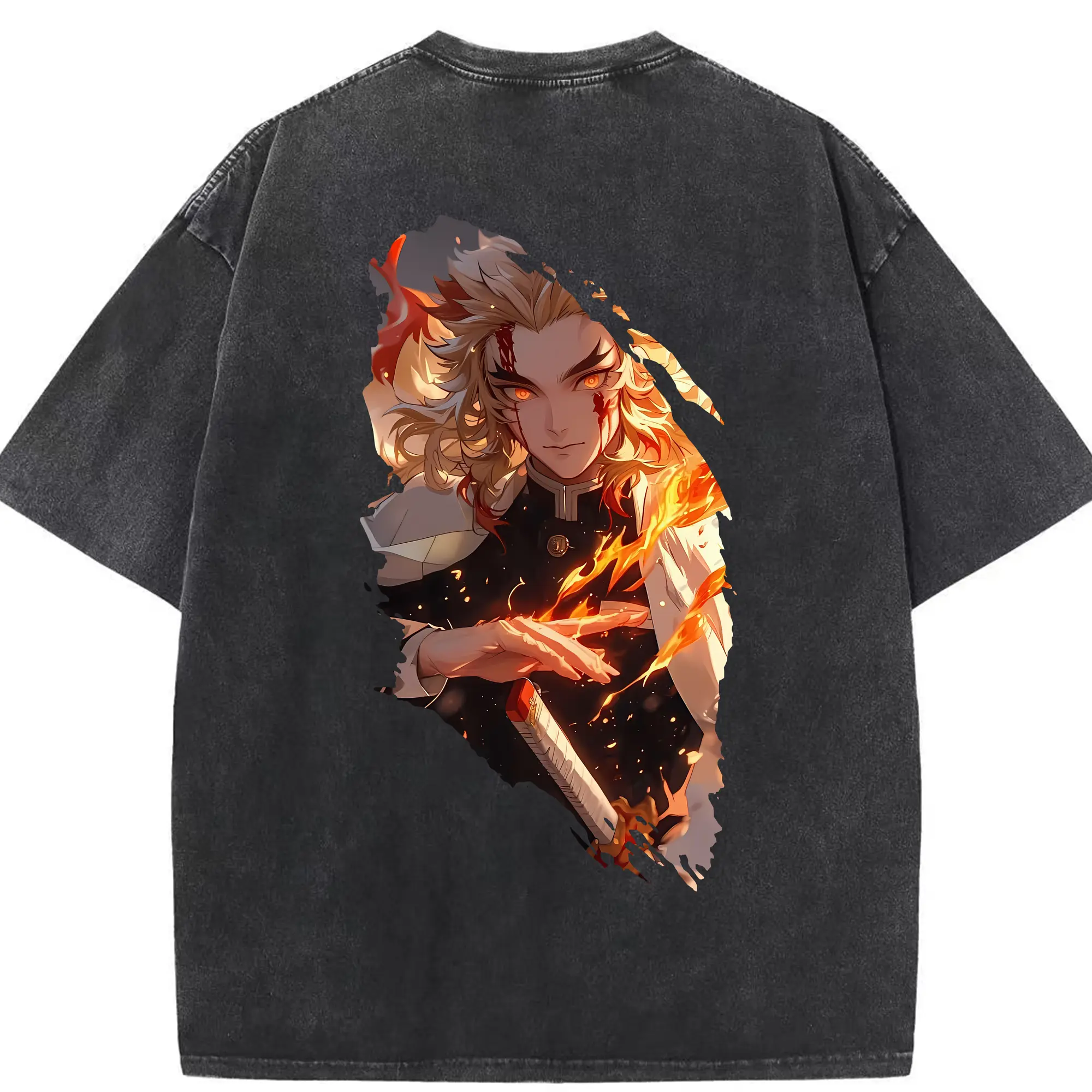 鬼滅の刃 グッズ,煉獄 杏寿郎 - 綿100％ ヴィンテージ風 半袖Tシャツ ・ 背面プリント ・ 柔らか肌触り ・ 通気性 快適 ・ スポーツ カジュアル 外出用