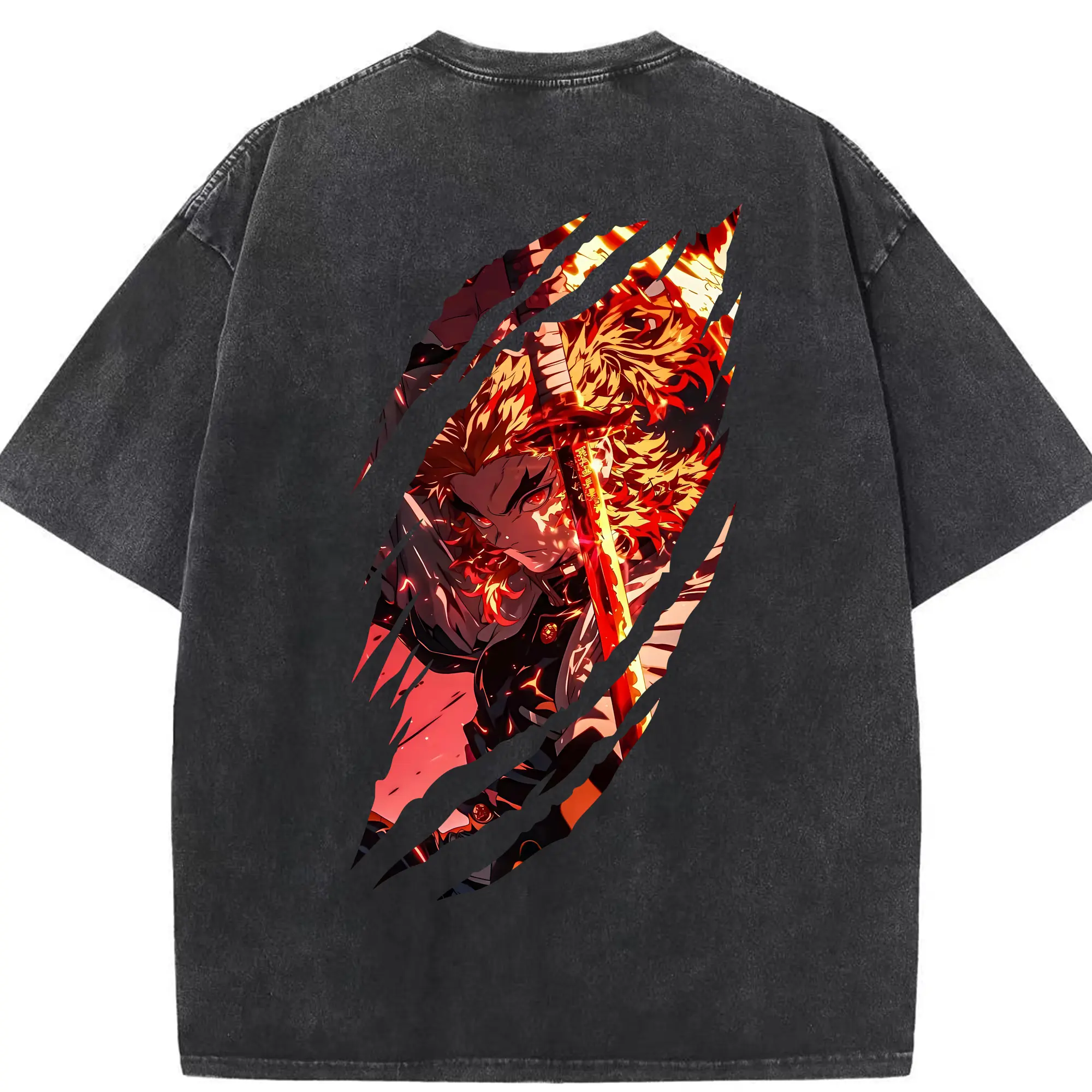 鬼滅の刃 グッズ,煉獄 杏寿郎 - 綿100％ ヴィンテージ風 半袖Tシャツ ・ 背面プリント ・ 柔らか肌触り ・ 通気性 快適 ・ スポーツ カジュアル 外出用