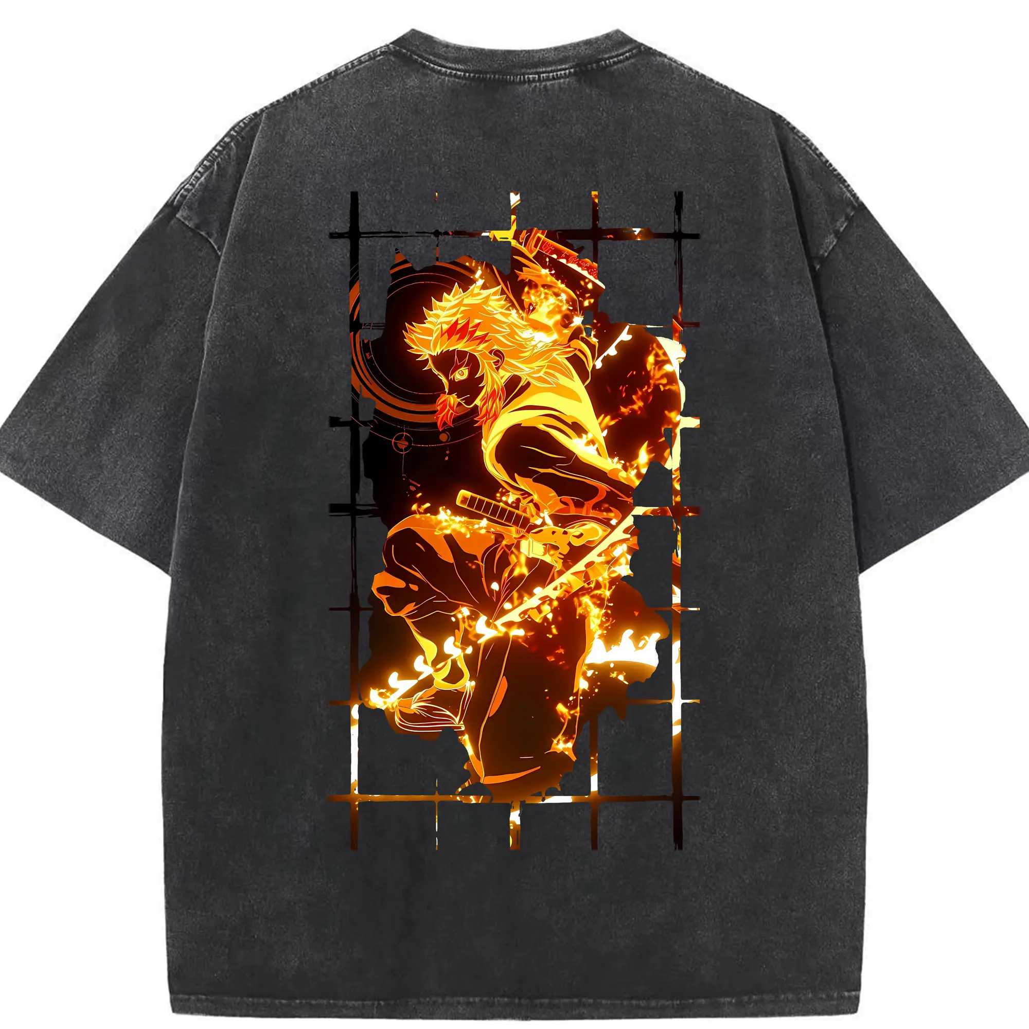 鬼滅の刃 グッズ,煉獄 杏寿郎 - 綿100％ ヴィンテージ風 半袖Tシャツ ・ 背面プリント ・ 柔らか肌触り ・ 通気性 快適 ・ スポーツ カジュアル 外出用