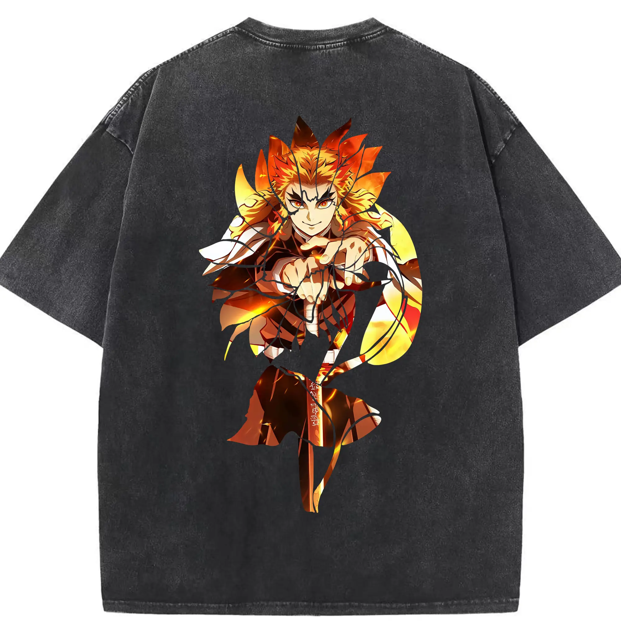 鬼滅の刃 グッズ,煉獄 杏寿郎 - 綿100％ ヴィンテージ風 半袖Tシャツ ・ 背面プリント ・ 柔らか肌触り ・ 通気性 快適 ・ スポーツ カジュアル 外出用