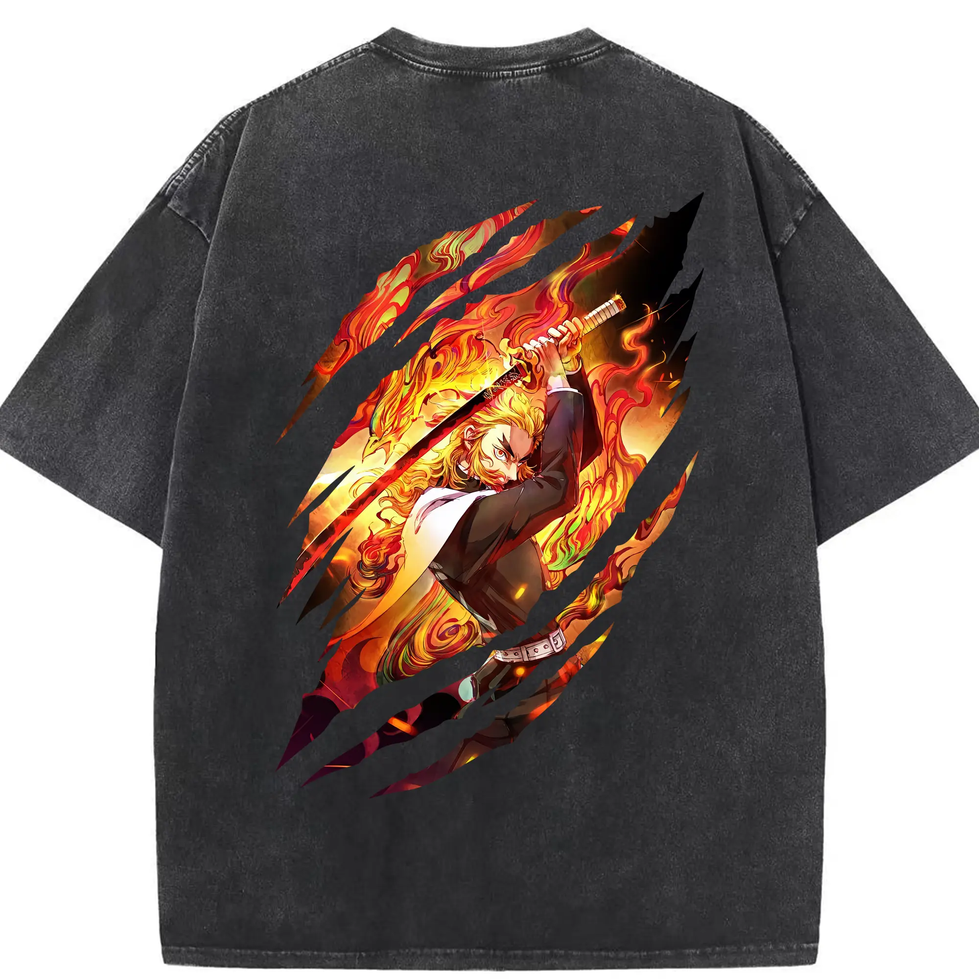 鬼滅の刃 グッズ,煉獄 杏寿郎 - 綿100％ ヴィンテージ風 半袖Tシャツ ・ 背面プリント ・ 柔らか肌触り ・ 通気性 快適 ・ スポーツ カジュアル 外出用