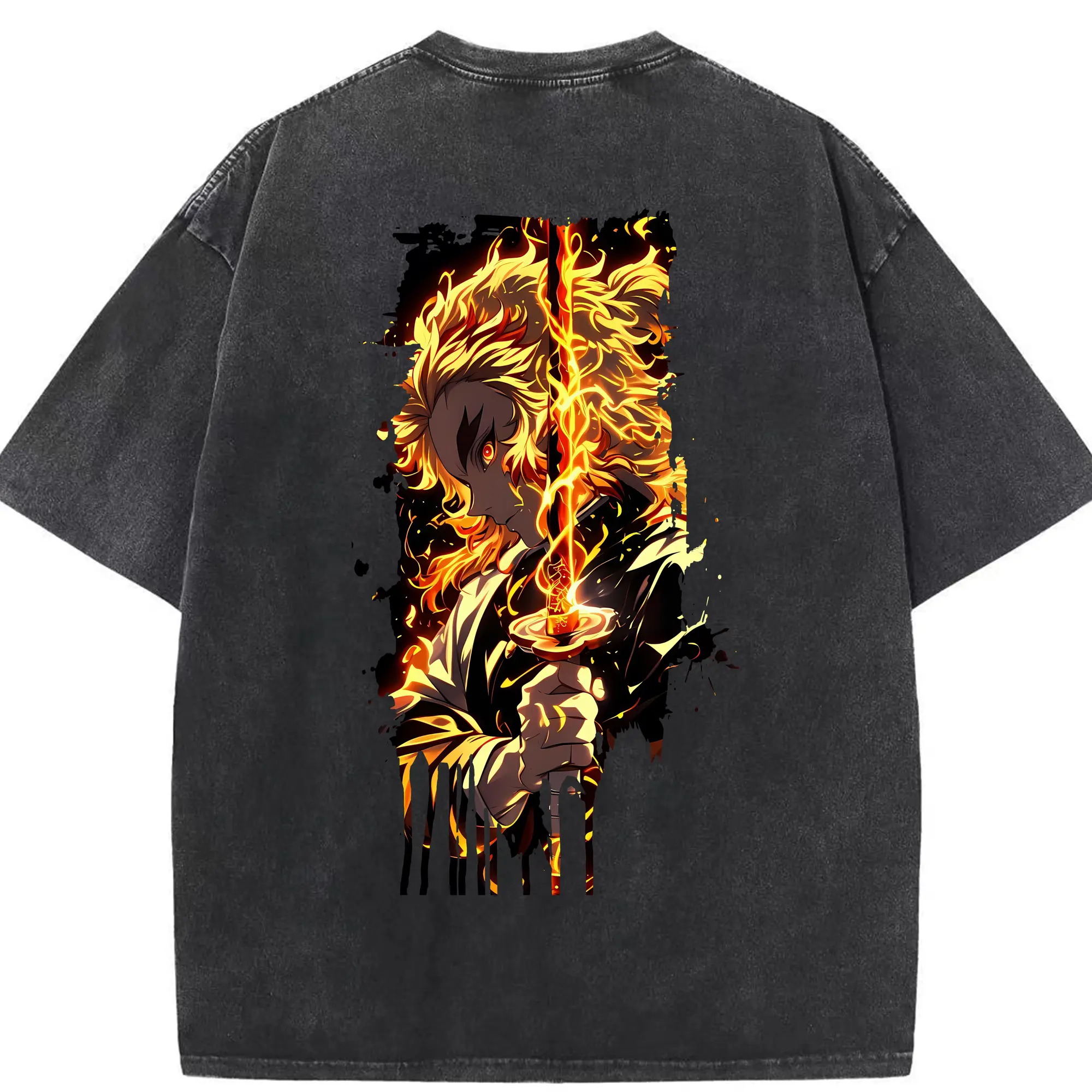 鬼滅の刃 グッズ,煉獄 杏寿郎 - 綿100％ ヴィンテージ風 半袖Tシャツ ・ 背面プリント ・ 柔らか肌触り ・ 通気性 快適 ・ スポーツ カジュアル 外出用