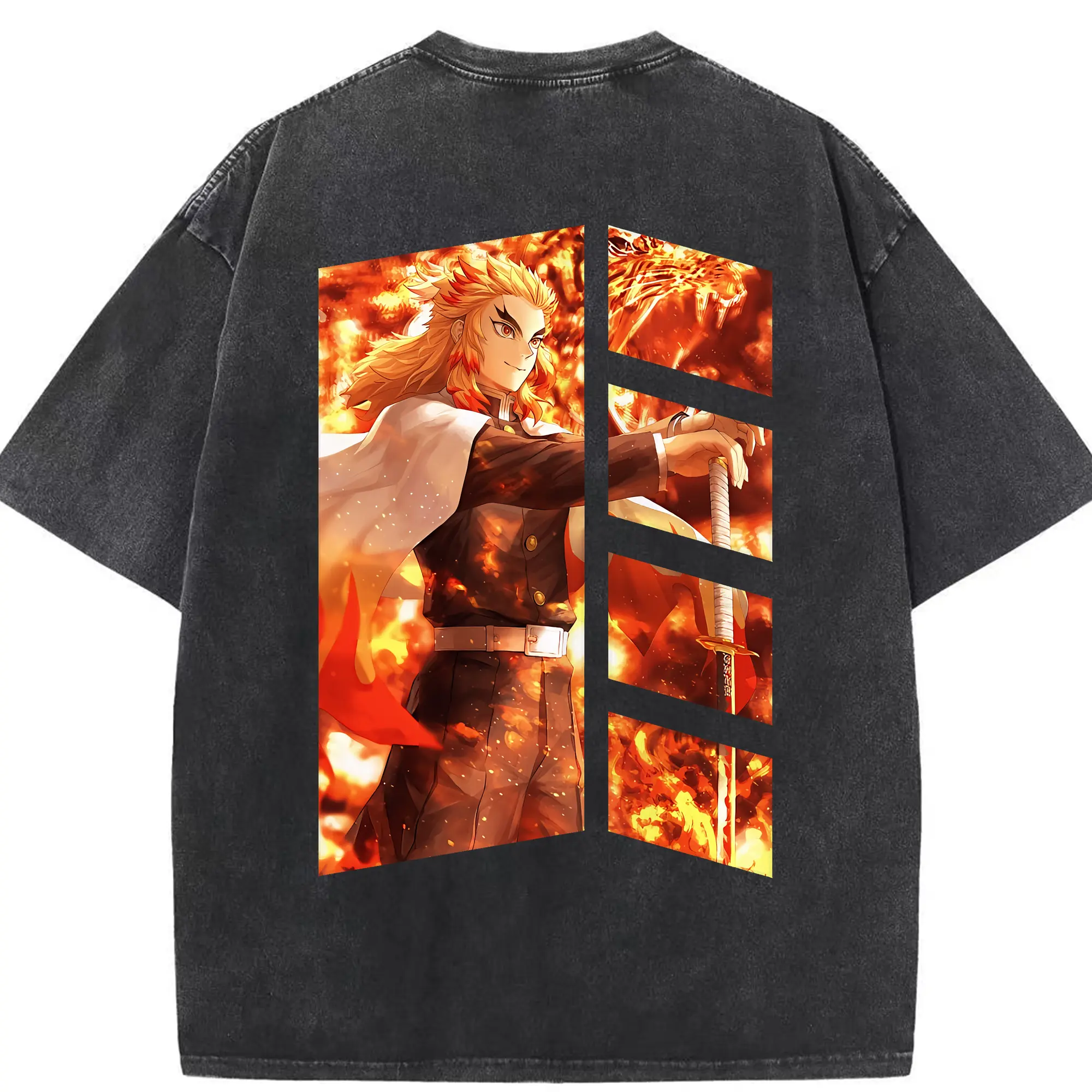 鬼滅の刃 グッズ,煉獄 杏寿郎 - 綿100％ ヴィンテージ風 半袖Tシャツ ・ 背面プリント ・ 柔らか肌触り ・ 通気性 快適 ・ スポーツ カジュアル 外出用