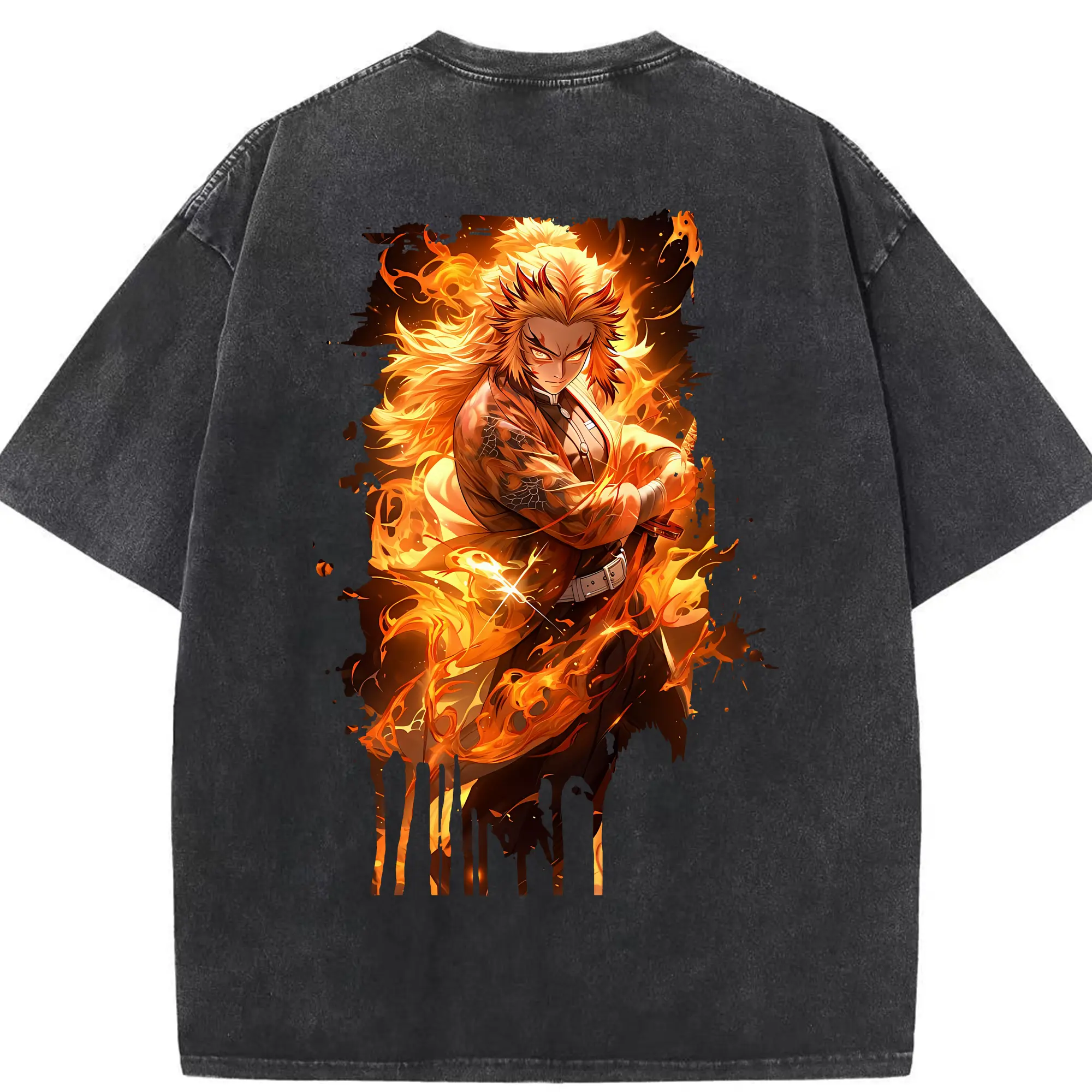 鬼滅の刃 グッズ,煉獄 杏寿郎 - 綿100％ ヴィンテージ風 半袖Tシャツ ・ 背面プリント ・ 柔らか肌触り ・ 通気性 快適 ・ スポーツ カジュアル 外出用