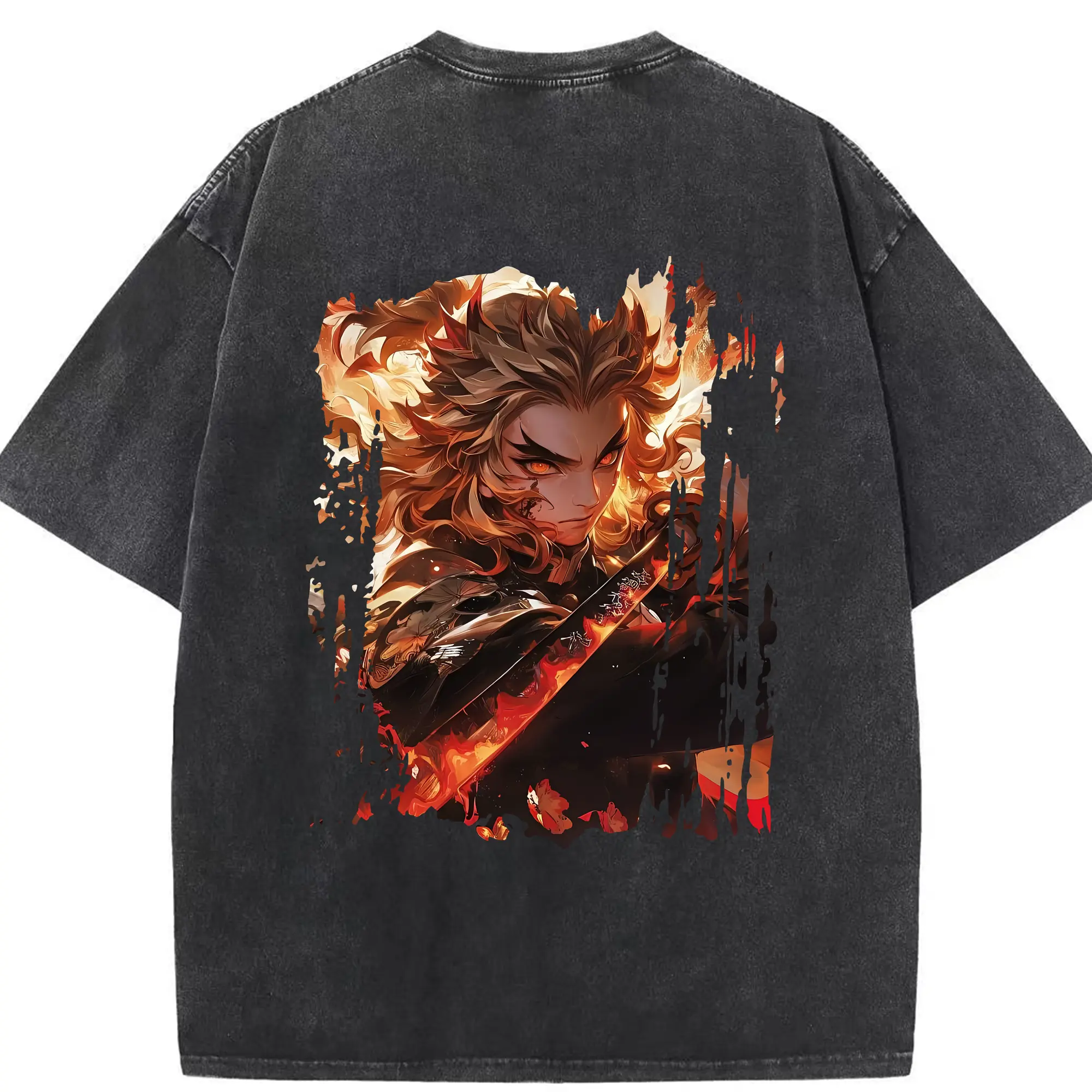 鬼滅の刃 グッズ,煉獄 杏寿郎 - 綿100％ ヴィンテージ風 半袖Tシャツ ・ 背面プリント ・ 柔らか肌触り ・ 通気性 快適 ・ スポーツ カジュアル 外出用