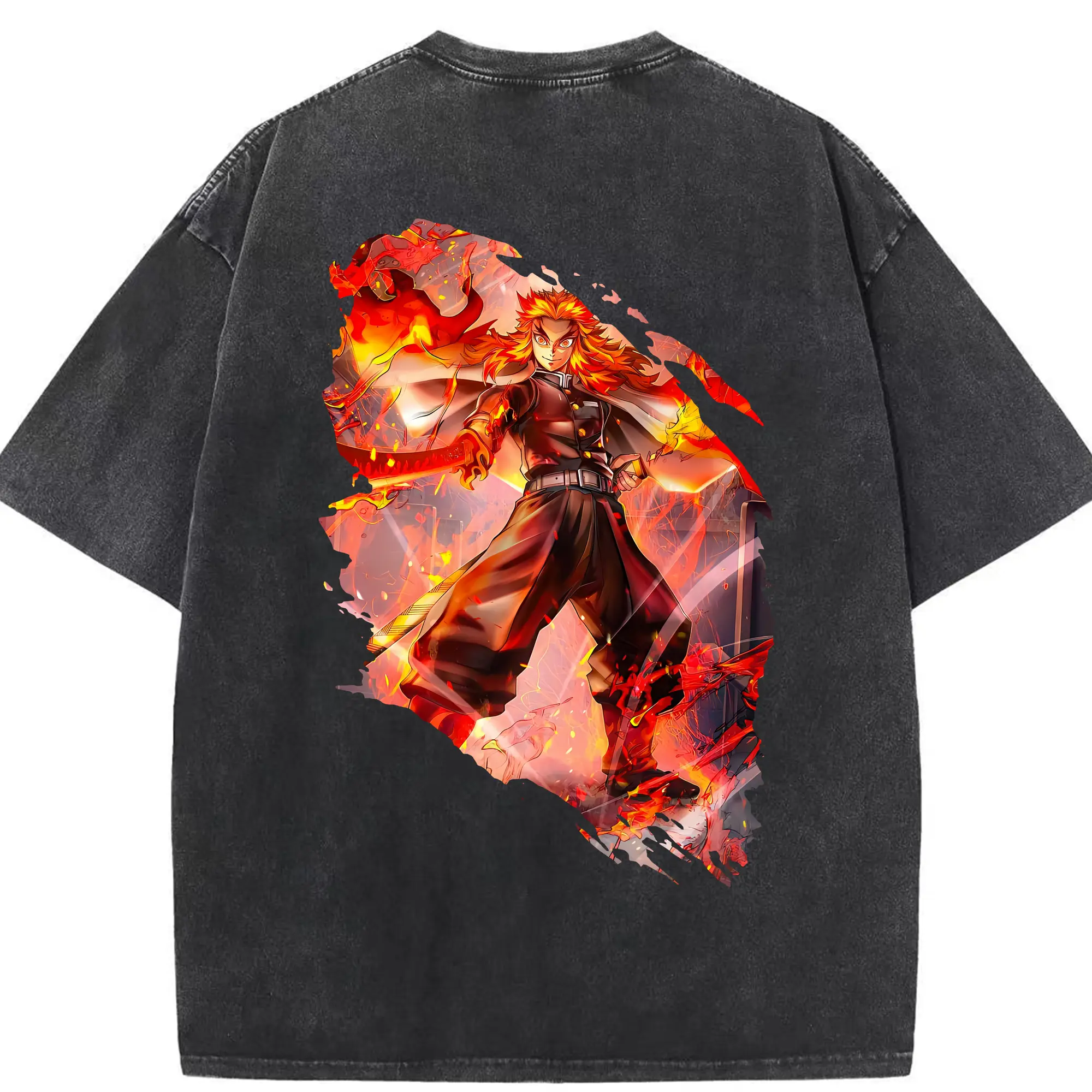 鬼滅の刃 グッズ,煉獄 杏寿郎 - 綿100％ ヴィンテージ風 半袖Tシャツ ・ 背面プリント ・ 柔らか肌触り ・ 通気性 快適 ・ スポーツ カジュアル 外出用