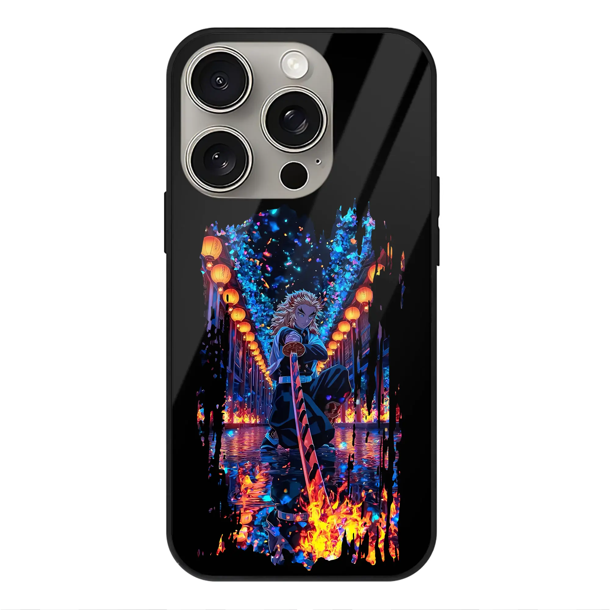 鬼滅の刃 グッズ,煉獄 杏寿郎 - IPhone15Pro対応 ・ スマホケース ・ 背面ガラス ・ TPU+強化ガラス ・ 耐衝撃 ・ 黄変防止 ・ ワイヤレス充電対応 ・ 3D立体ボタン