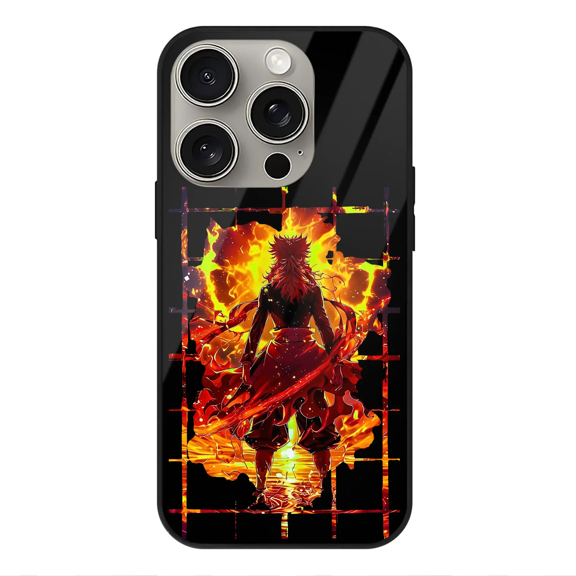 鬼滅の刃 グッズ,煉獄 杏寿郎 - IPhone15Pro対応 ・ スマホケース ・ 背面ガラス ・ TPU+強化ガラス ・ 耐衝撃 ・ 黄変防止 ・ ワイヤレス充電対応 ・ 3D立体ボタン