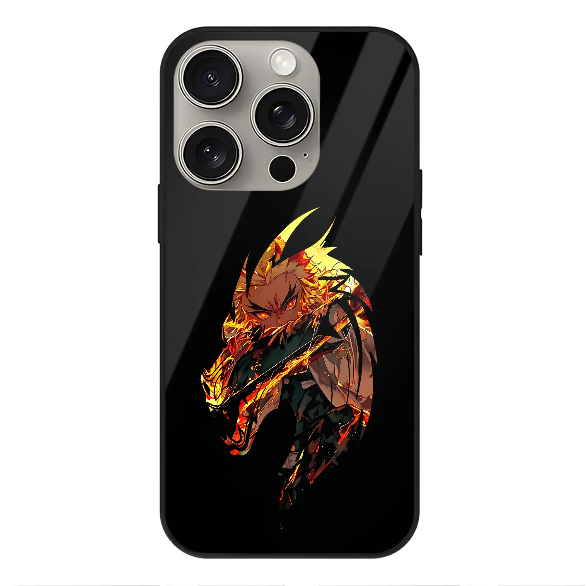 鬼滅の刃 グッズ,煉獄 杏寿郎 - IPhone15Pro対応 ・ スマホケース ・ 背面ガラス ・ TPU+強化ガラス ・ 耐衝撃 ・ 黄変防止 ・ ワイヤレス充電対応 ・ 3D立体ボタン