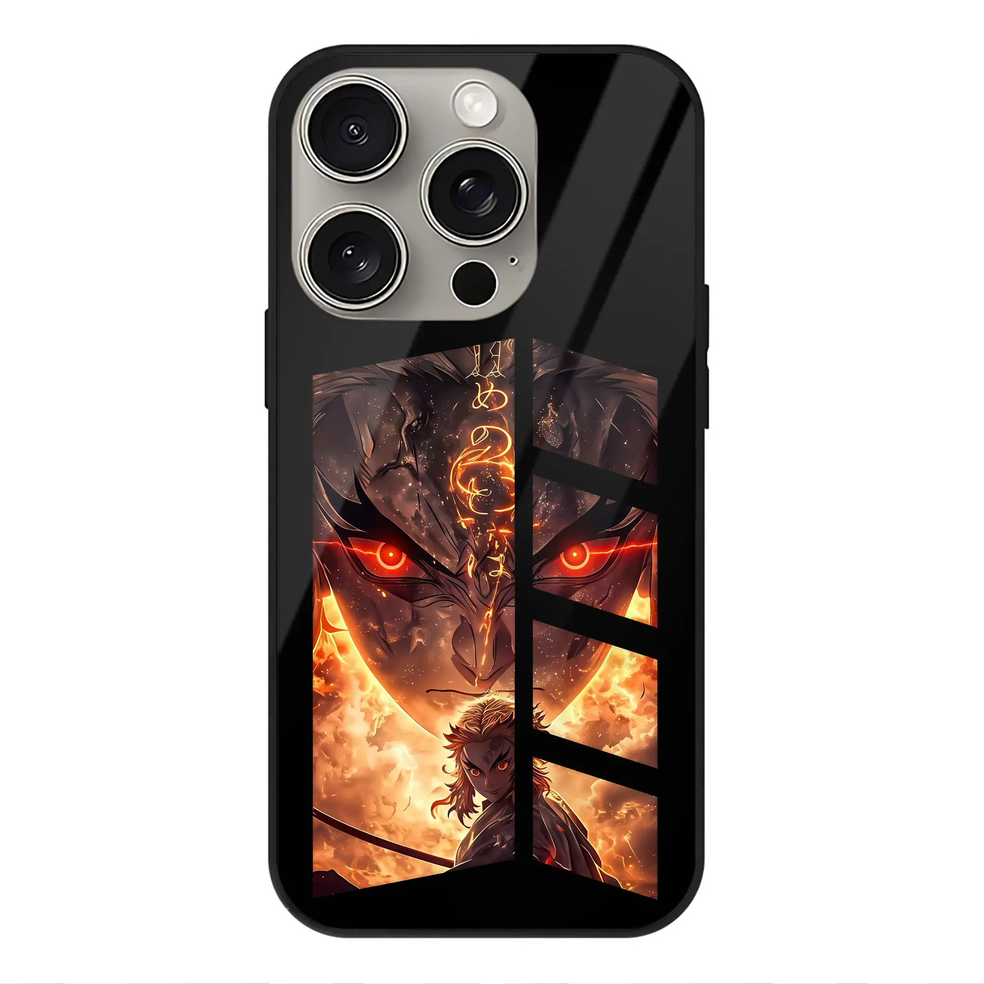 鬼滅の刃 グッズ,煉獄 杏寿郎 - IPhone15Pro対応 ・ スマホケース ・ 背面ガラス ・ TPU+強化ガラス ・ 耐衝撃 ・ 黄変防止 ・ ワイヤレス充電対応 ・ 3D立体ボタン