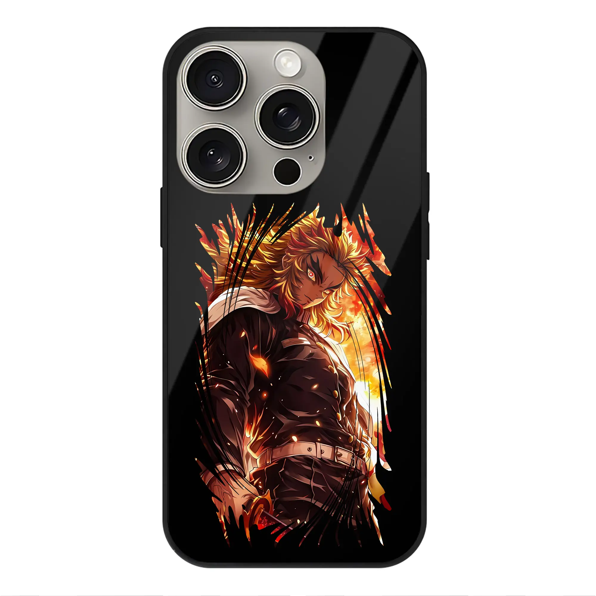 鬼滅の刃 グッズ,煉獄 杏寿郎 - IPhone15Pro対応 ・ スマホケース ・ 背面ガラス ・ TPU+強化ガラス ・ 耐衝撃 ・ 黄変防止 ・ ワイヤレス充電対応 ・ 3D立体ボタン