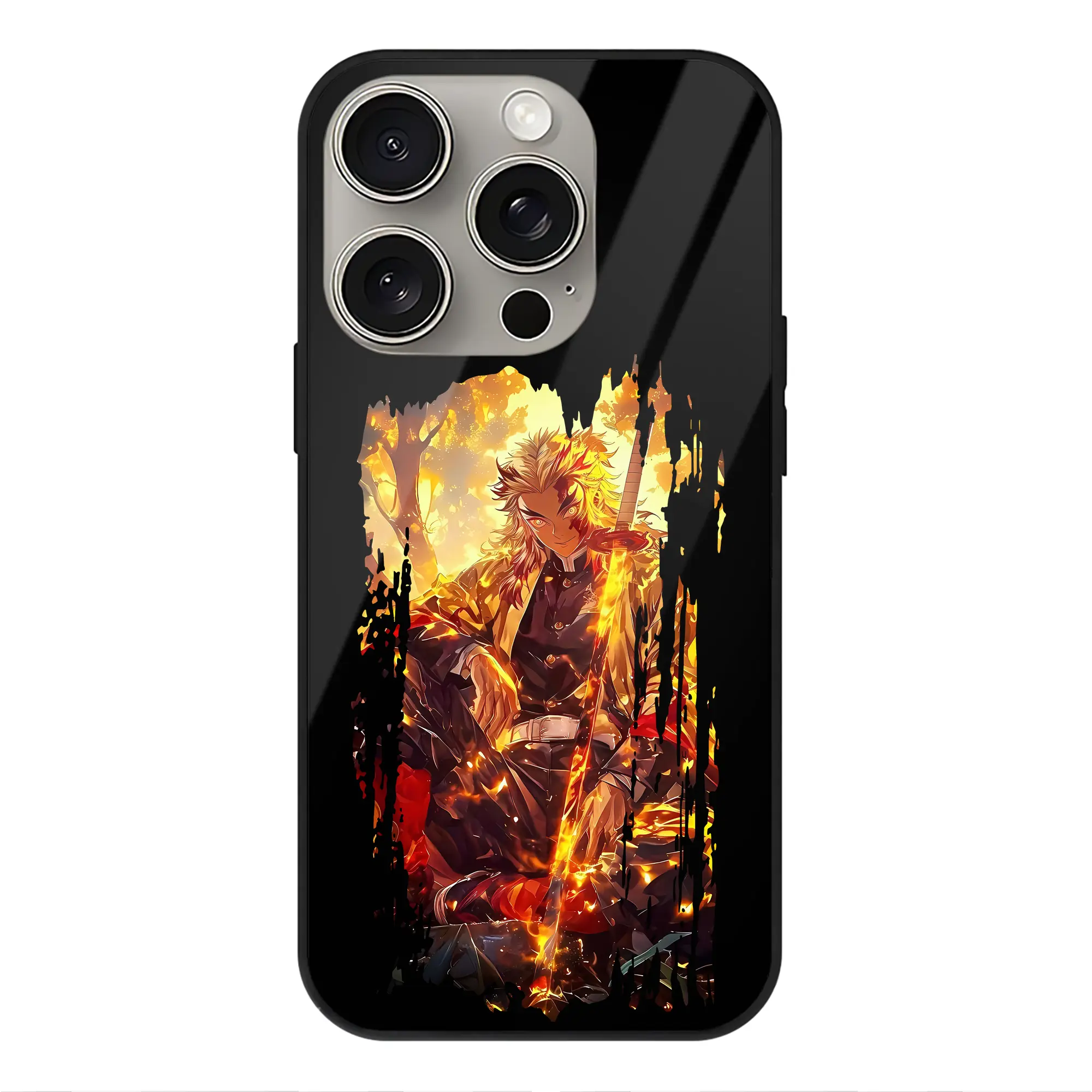 鬼滅の刃 グッズ,煉獄 杏寿郎 - IPhone15Pro対応 ・ スマホケース ・ 背面ガラス ・ TPU+強化ガラス ・ 耐衝撃 ・ 黄変防止 ・ ワイヤレス充電対応 ・ 3D立体ボタン