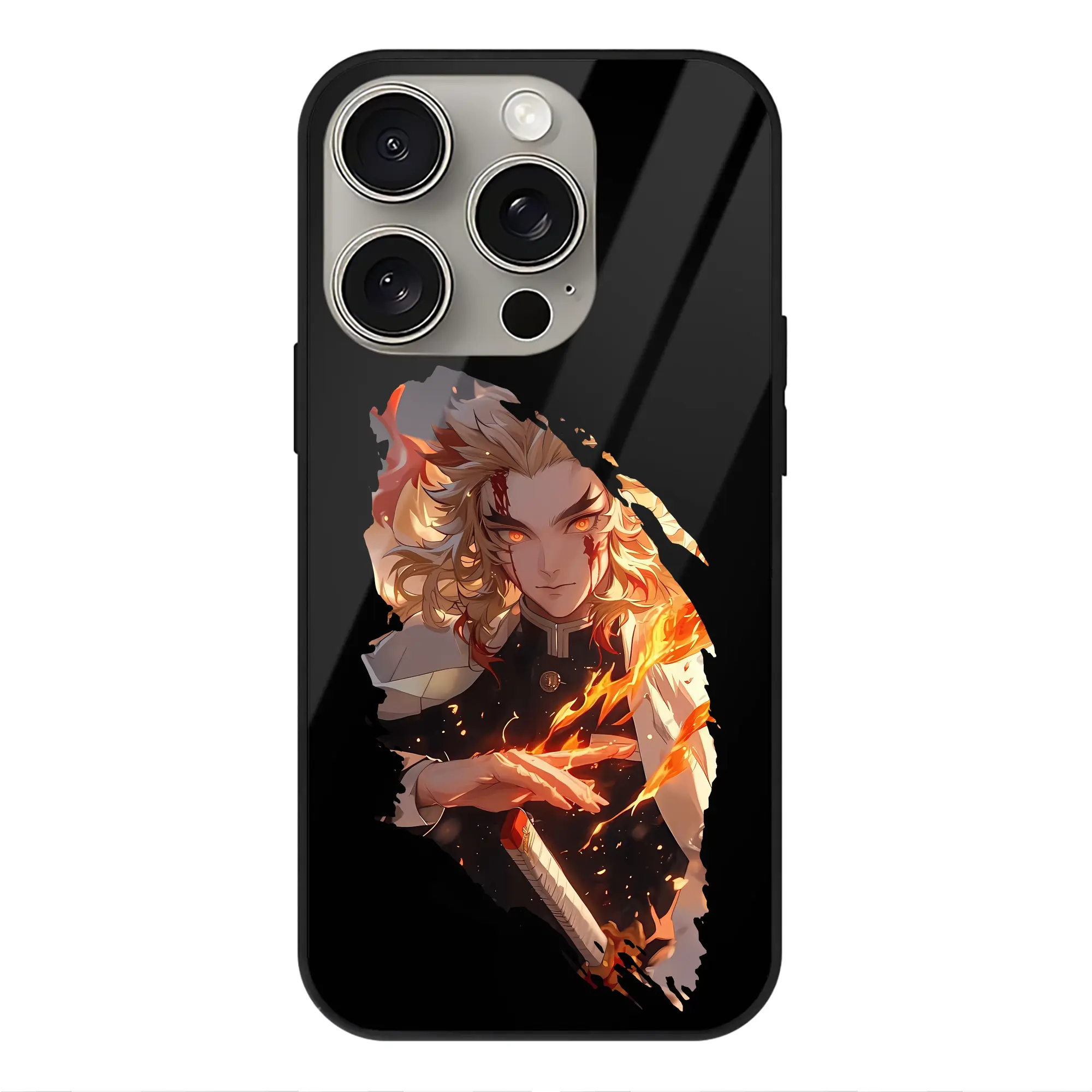 鬼滅の刃 グッズ,煉獄 杏寿郎 - IPhone15Pro対応 ・ スマホケース ・ 背面ガラス ・ TPU+強化ガラス ・ 耐衝撃 ・ 黄変防止 ・ ワイヤレス充電対応 ・ 3D立体ボタン