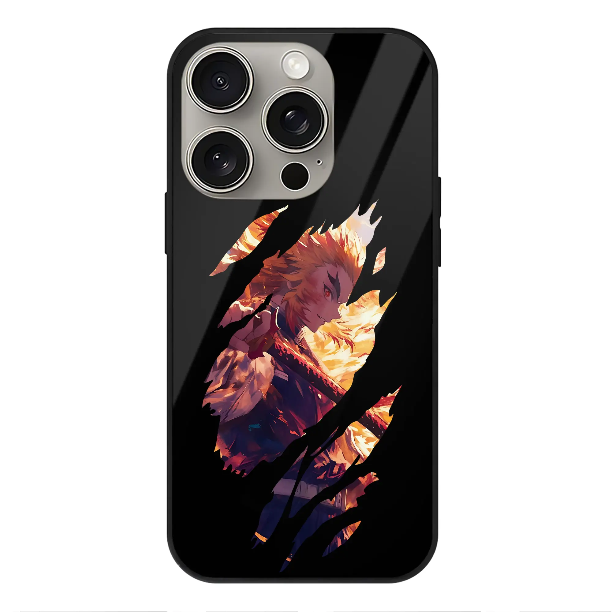 鬼滅の刃 グッズ,煉獄 杏寿郎 - IPhone15Pro対応 ・ スマホケース ・ 背面ガラス ・ TPU+強化ガラス ・ 耐衝撃 ・ 黄変防止 ・ ワイヤレス充電対応 ・ 3D立体ボタン