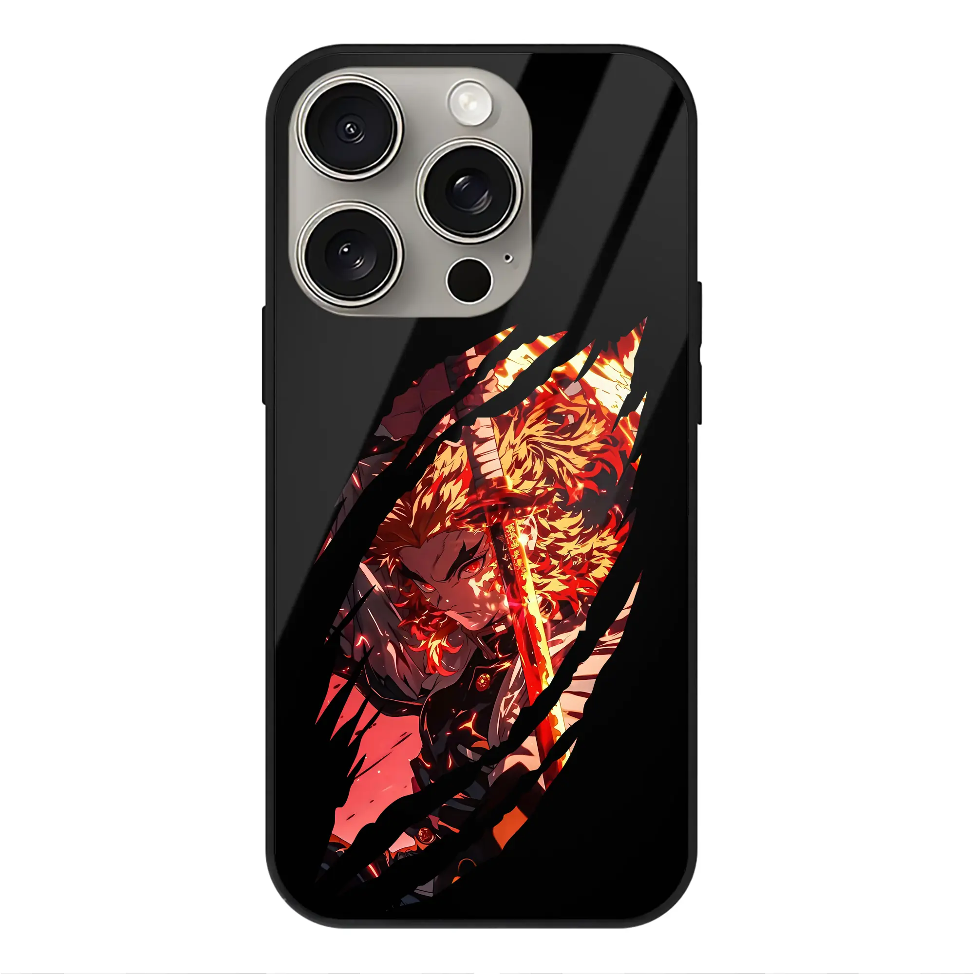 鬼滅の刃 グッズ,煉獄 杏寿郎 - IPhone15Pro対応 ・ スマホケース ・ 背面ガラス ・ TPU+強化ガラス ・ 耐衝撃 ・ 黄変防止 ・ ワイヤレス充電対応 ・ 3D立体ボタン