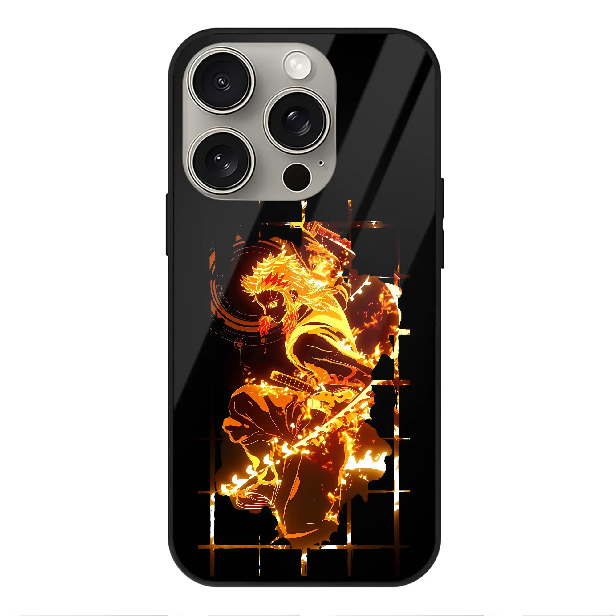 鬼滅の刃 グッズ,煉獄 杏寿郎 - IPhone15Pro対応 ・ スマホケース ・ 背面ガラス ・ TPU+強化ガラス ・ 耐衝撃 ・ 黄変防止 ・ ワイヤレス充電対応 ・ 3D立体ボタン