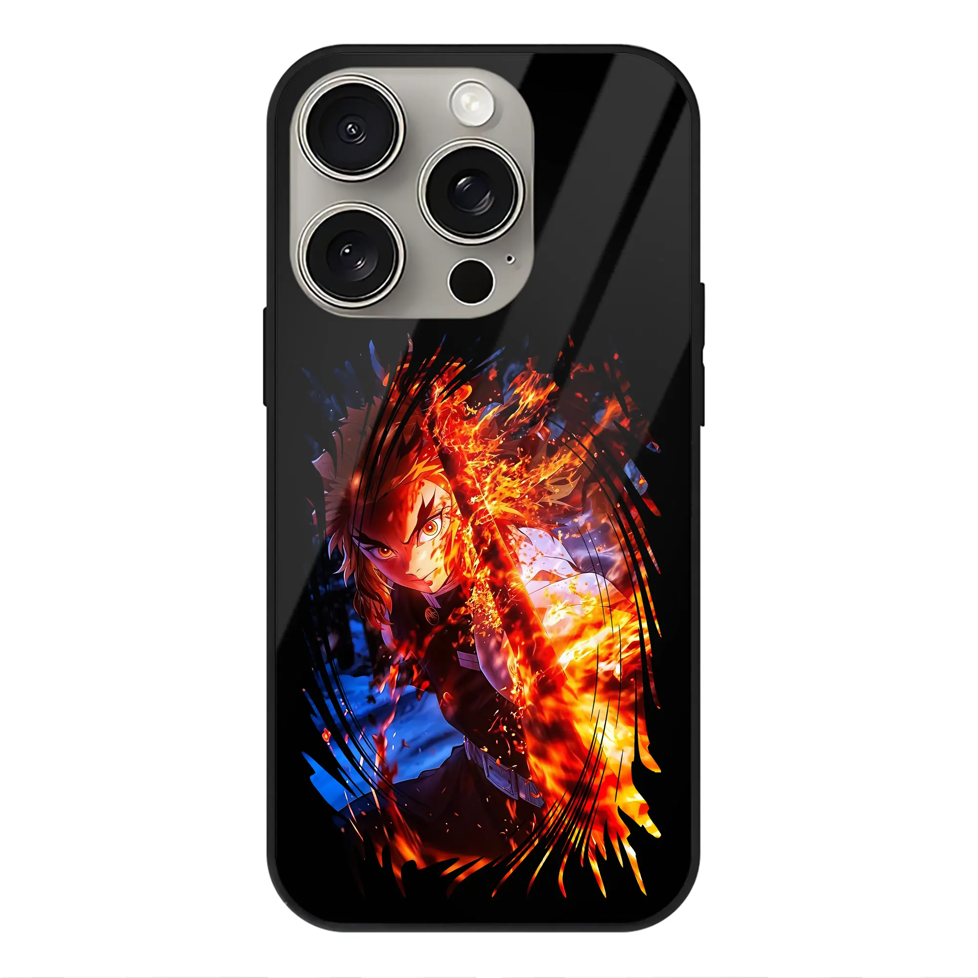 鬼滅の刃 グッズ,煉獄 杏寿郎 - IPhone15Pro対応 ・ スマホケース ・ 背面ガラス ・ TPU+強化ガラス ・ 耐衝撃 ・ 黄変防止 ・ ワイヤレス充電対応 ・ 3D立体ボタン