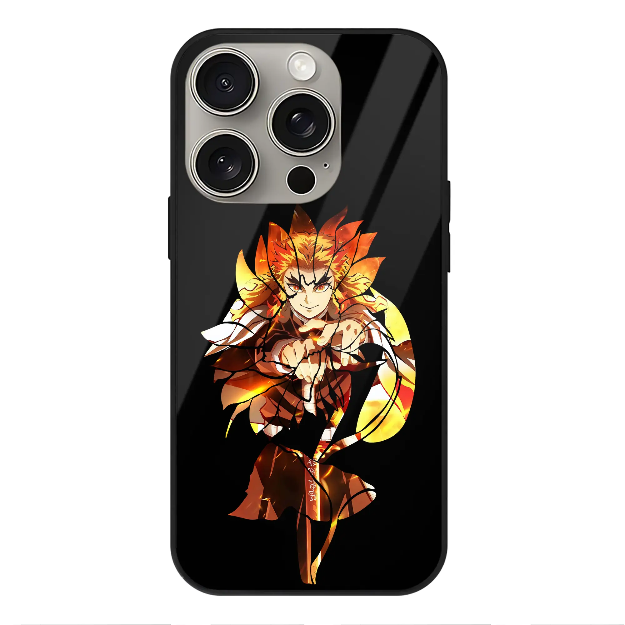 鬼滅の刃 グッズ,煉獄 杏寿郎 - IPhone15Pro対応 ・ スマホケース ・ 背面ガラス ・ TPU+強化ガラス ・ 耐衝撃 ・ 黄変防止 ・ ワイヤレス充電対応 ・ 3D立体ボタン