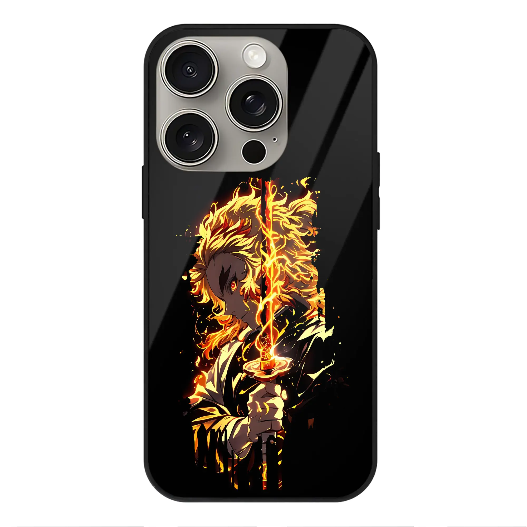 鬼滅の刃 グッズ,煉獄 杏寿郎 - IPhone15Pro対応 ・ スマホケース ・ 背面ガラス ・ TPU+強化ガラス ・ 耐衝撃 ・ 黄変防止 ・ ワイヤレス充電対応 ・ 3D立体ボタン