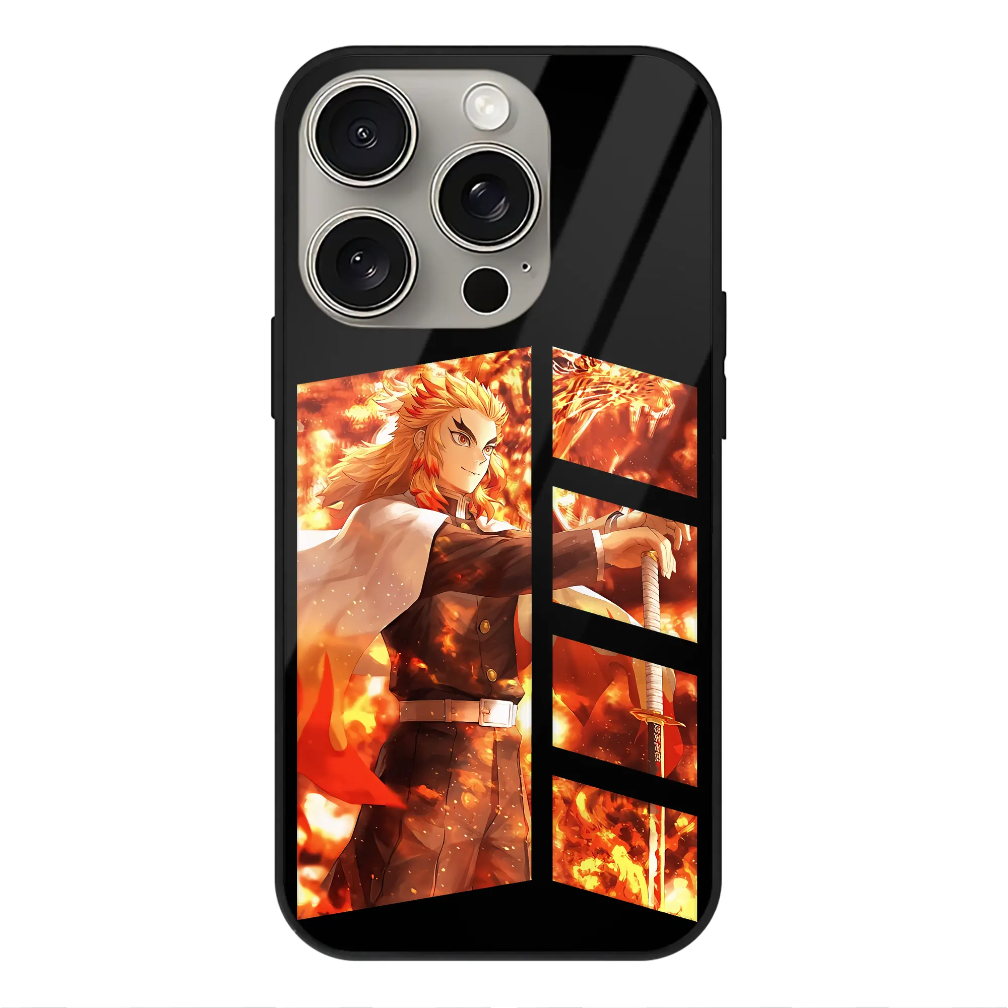 鬼滅の刃 グッズ,煉獄 杏寿郎 - IPhone15Pro対応 ・ スマホケース ・ 背面ガラス ・ TPU+強化ガラス ・ 耐衝撃 ・ 黄変防止 ・ ワイヤレス充電対応 ・ 3D立体ボタン