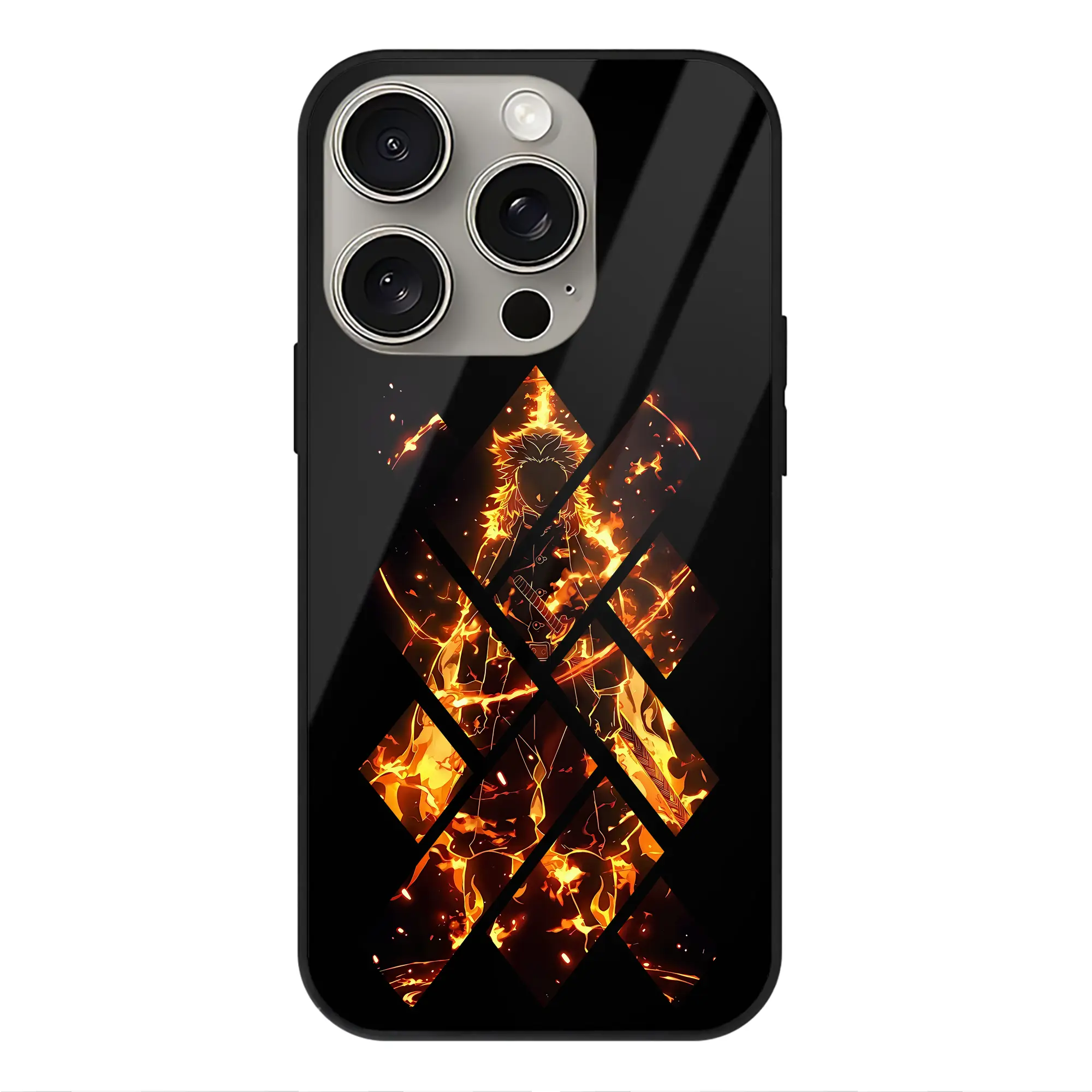 鬼滅の刃 グッズ,煉獄 杏寿郎 - IPhone15Pro対応 ・ スマホケース ・ 背面ガラス ・ TPU+強化ガラス ・ 耐衝撃 ・ 黄変防止 ・ ワイヤレス充電対応 ・ 3D立体ボタン