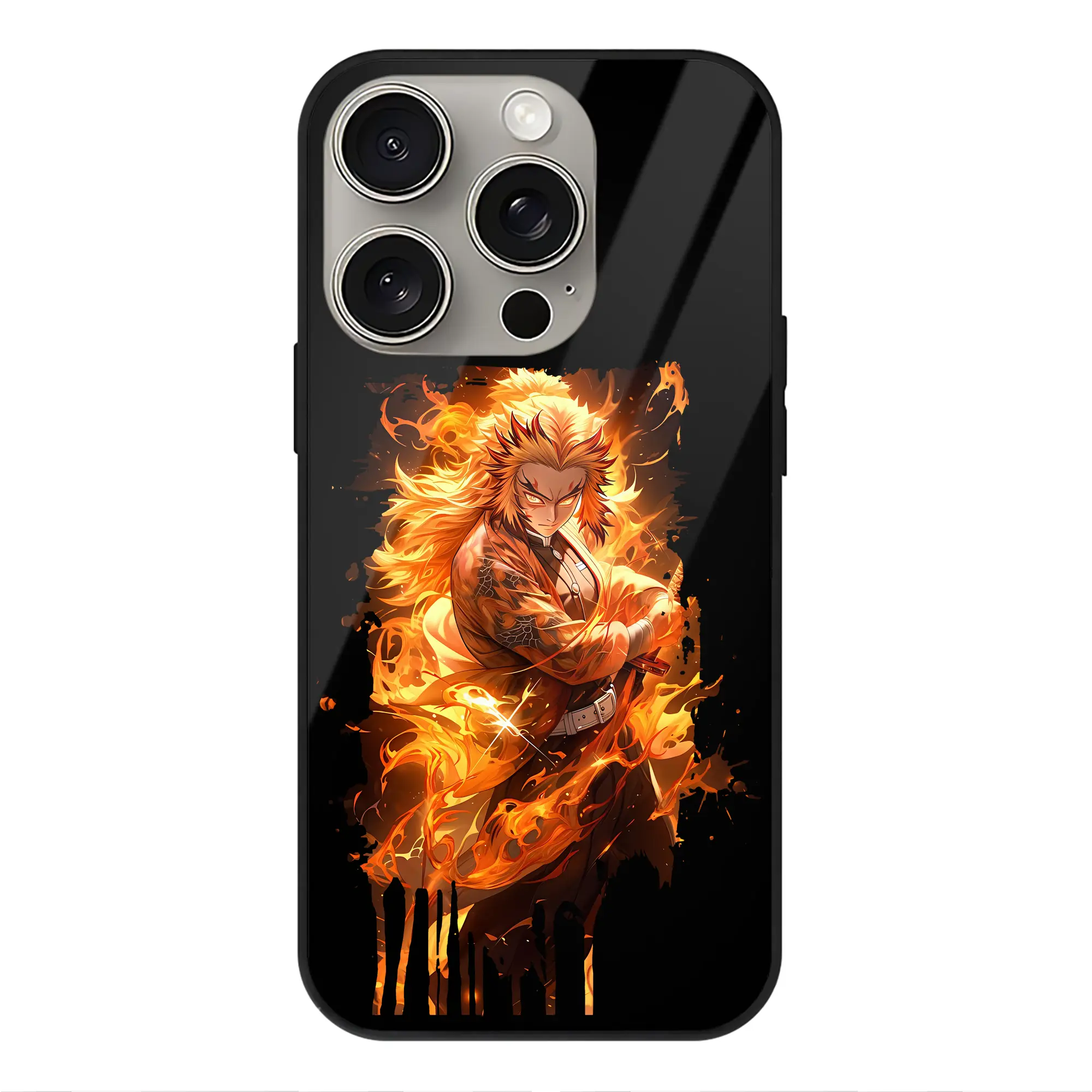 鬼滅の刃 グッズ,煉獄 杏寿郎 - IPhone15Pro対応 ・ スマホケース ・ 背面ガラス ・ TPU+強化ガラス ・ 耐衝撃 ・ 黄変防止 ・ ワイヤレス充電対応 ・ 3D立体ボタン