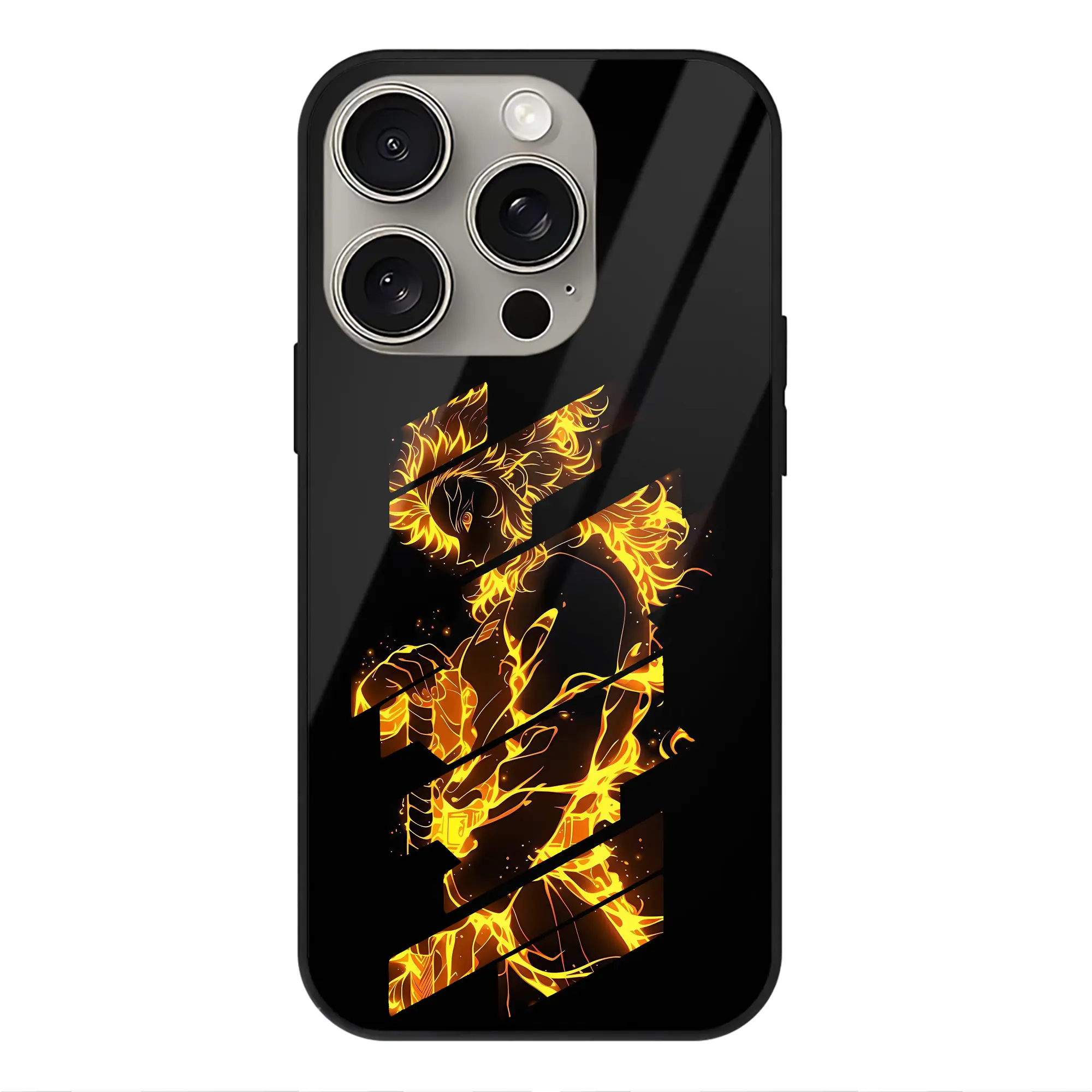 鬼滅の刃 グッズ,煉獄 杏寿郎 - IPhone15Pro対応 ・ スマホケース ・ 背面ガラス ・ TPU+強化ガラス ・ 耐衝撃 ・ 黄変防止 ・ ワイヤレス充電対応 ・ 3D立体ボタン