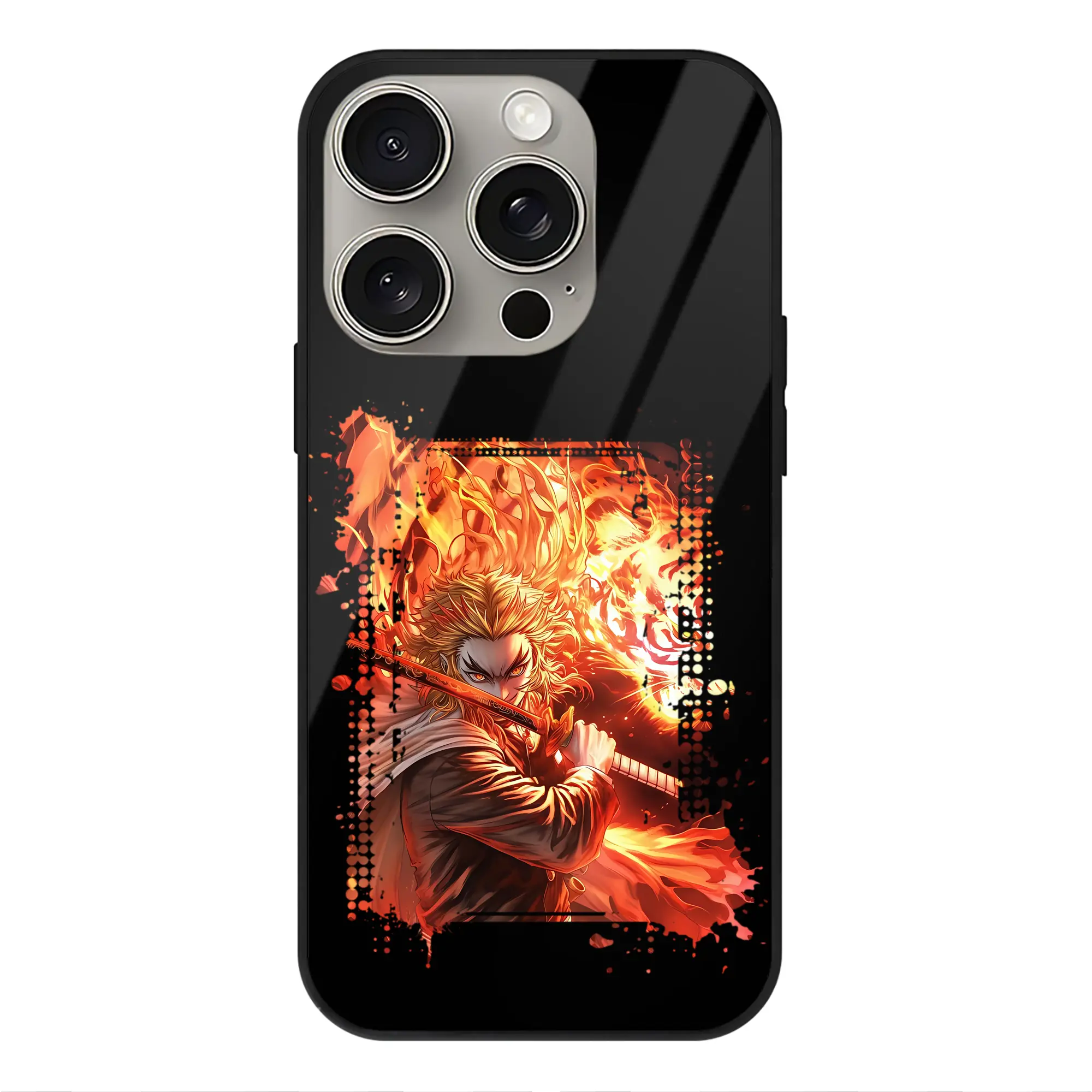 鬼滅の刃 グッズ,煉獄 杏寿郎 - IPhone15Pro対応 ・ スマホケース ・ 背面ガラス ・ TPU+強化ガラス ・ 耐衝撃 ・ 黄変防止 ・ ワイヤレス充電対応 ・ 3D立体ボタン