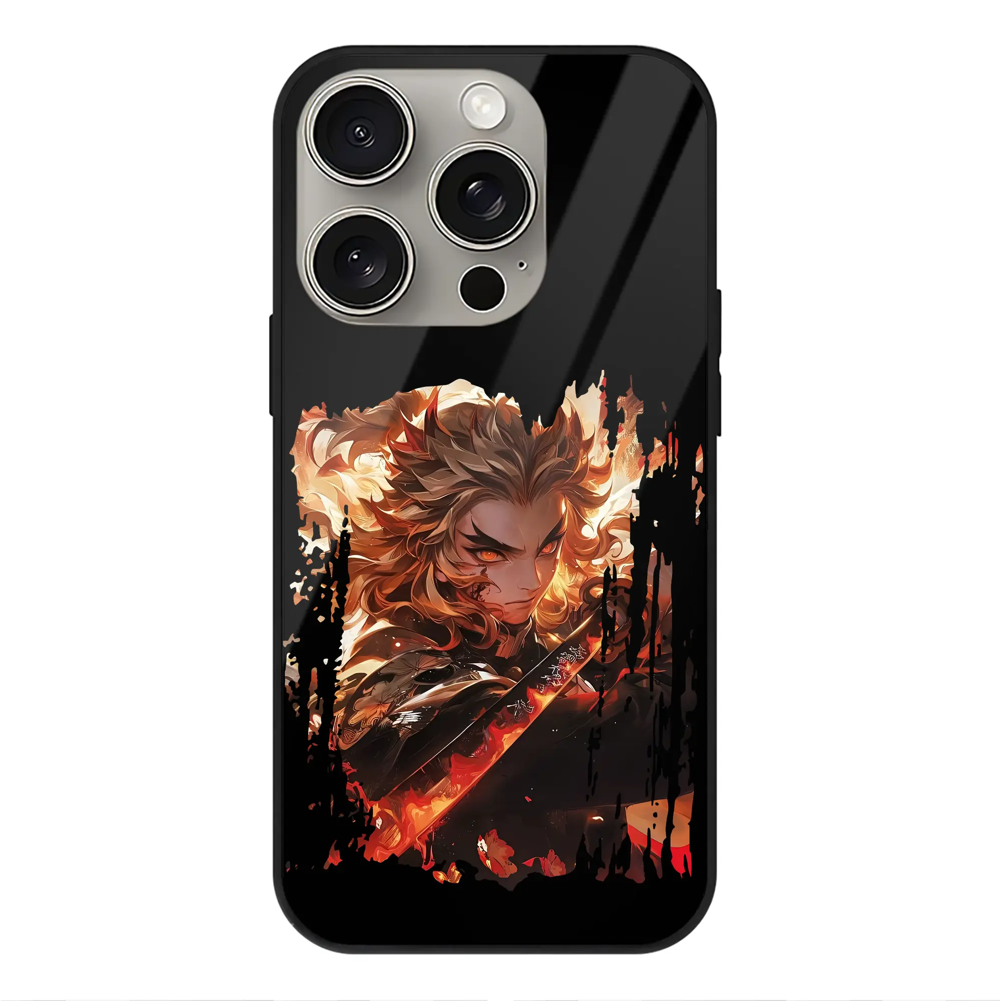 鬼滅の刃 グッズ,煉獄 杏寿郎 - IPhone15Pro対応 ・ スマホケース ・ 背面ガラス ・ TPU+強化ガラス ・ 耐衝撃 ・ 黄変防止 ・ ワイヤレス充電対応 ・ 3D立体ボタン