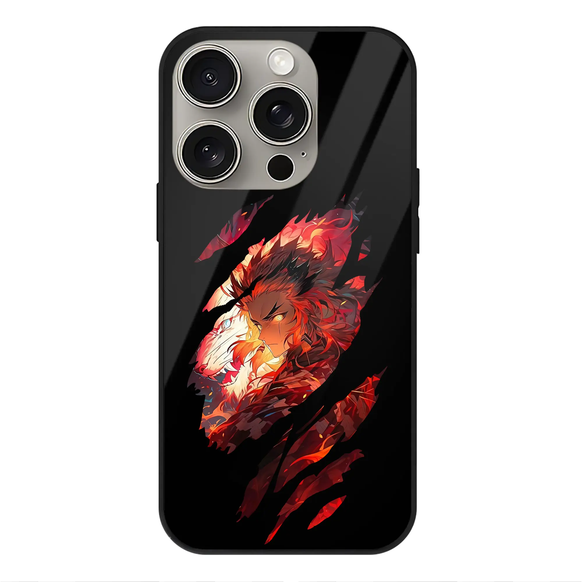 鬼滅の刃 グッズ,煉獄 杏寿郎 - IPhone15Pro対応 ・ スマホケース ・ 背面ガラス ・ TPU+強化ガラス ・ 耐衝撃 ・ 黄変防止 ・ ワイヤレス充電対応 ・ 3D立体ボタン