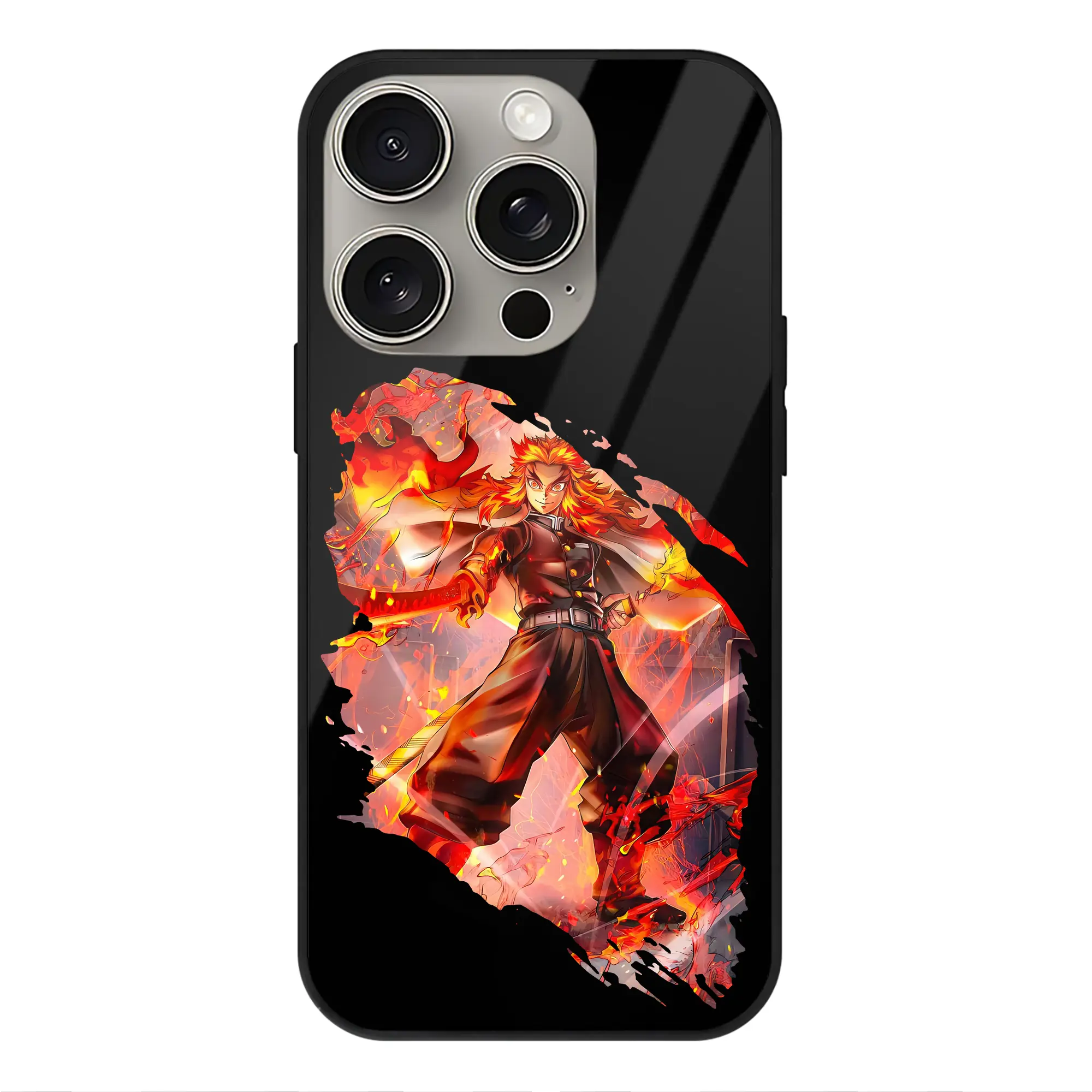 鬼滅の刃 グッズ,煉獄 杏寿郎 - IPhone15Pro対応 ・ スマホケース ・ 背面ガラス ・ TPU+強化ガラス ・ 耐衝撃 ・ 黄変防止 ・ ワイヤレス充電対応 ・ 3D立体ボタン