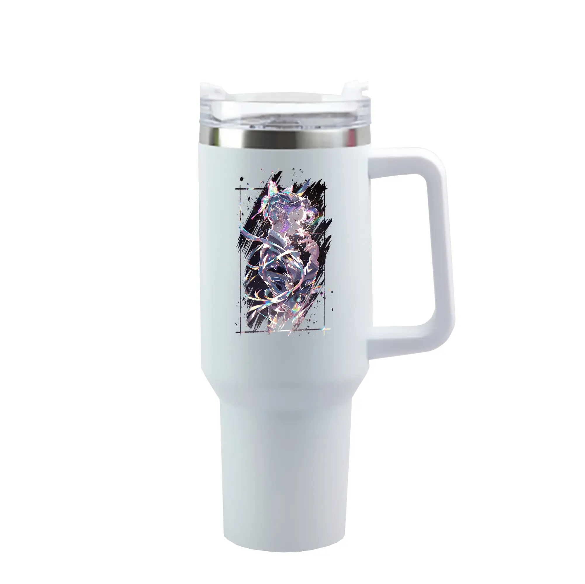 鬼滅の刃 グッズ,胡蝶 しのぶ - 1200mL 車用タンブラー ・ クリスタルステッカー ・ 304ステンレス 内側 ・ 201ステンレス 外側 ・ 保温 保冷 ・ ハンドル＆ストロー付き ・ 通勤 ドライブ アウトドア用