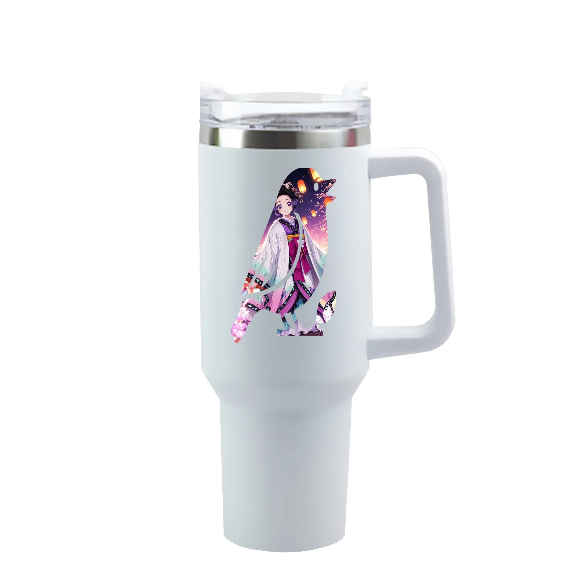 鬼滅の刃 グッズ,胡蝶 しのぶ - 1200mL 車用タンブラー ・ クリスタルステッカー ・ 304ステンレス 内側 ・ 201ステンレス 外側 ・ 保温 保冷 ・ ハンドル＆ストロー付き ・ 通勤 ドライブ アウトドア用