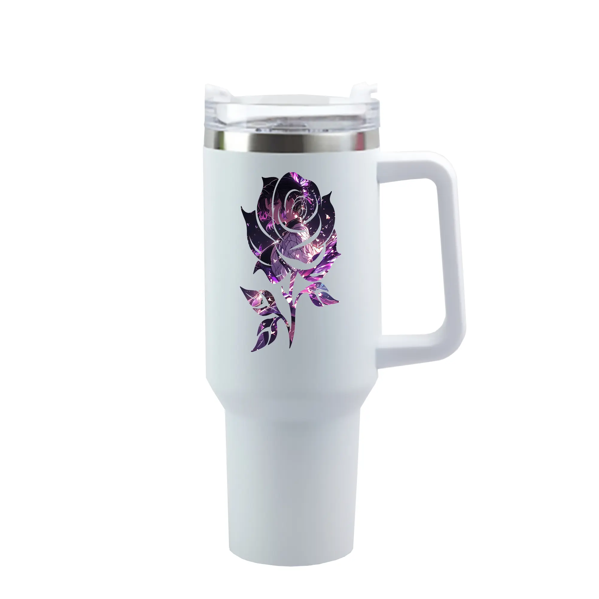 鬼滅の刃 グッズ,胡蝶 しのぶ - 1200mL 車用タンブラー ・ クリスタルステッカー ・ 304ステンレス 内側 ・ 201ステンレス 外側 ・ 保温 保冷 ・ ハンドル＆ストロー付き ・ 通勤 ドライブ アウトドア用