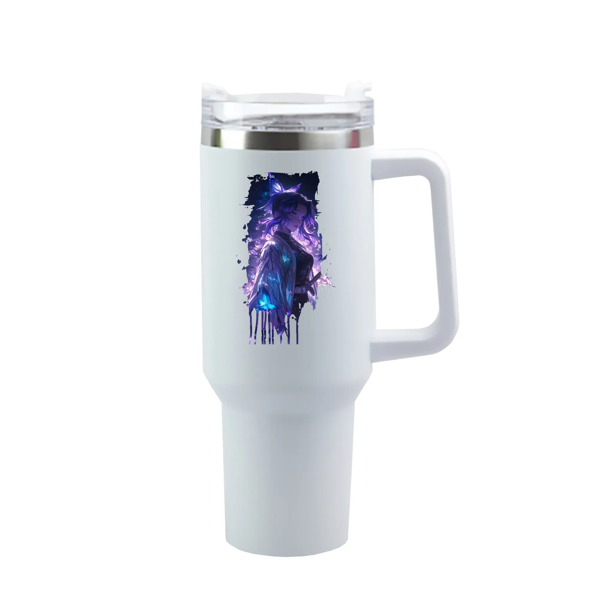 鬼滅の刃 グッズ,胡蝶 しのぶ - 1200mL 車用タンブラー ・ クリスタルステッカー ・ 304ステンレス 内側 ・ 201ステンレス 外側 ・ 保温 保冷 ・ ハンドル＆ストロー付き ・ 通勤 ドライブ アウトドア用