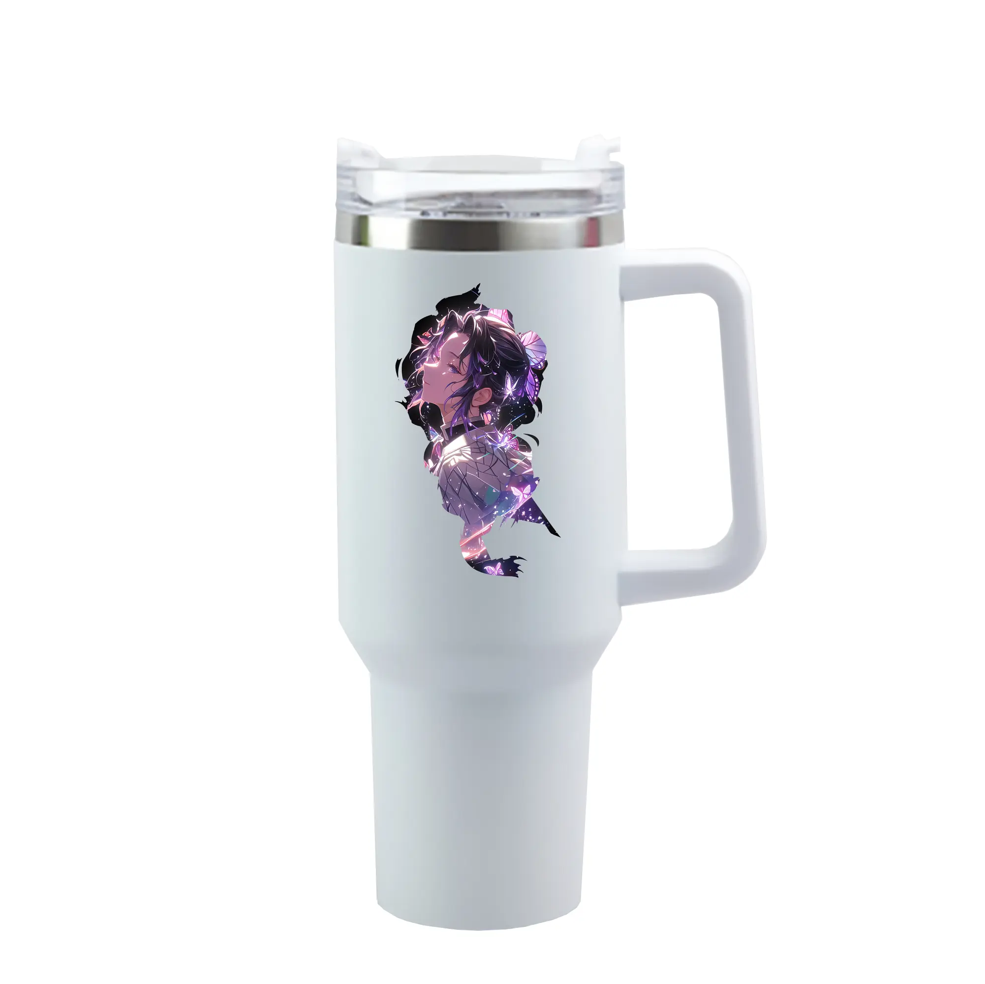 鬼滅の刃 グッズ,胡蝶 しのぶ - 1200mL 車用タンブラー ・ クリスタルステッカー ・ 304ステンレス 内側 ・ 201ステンレス 外側 ・ 保温 保冷 ・ ハンドル＆ストロー付き ・ 通勤 ドライブ アウトドア用