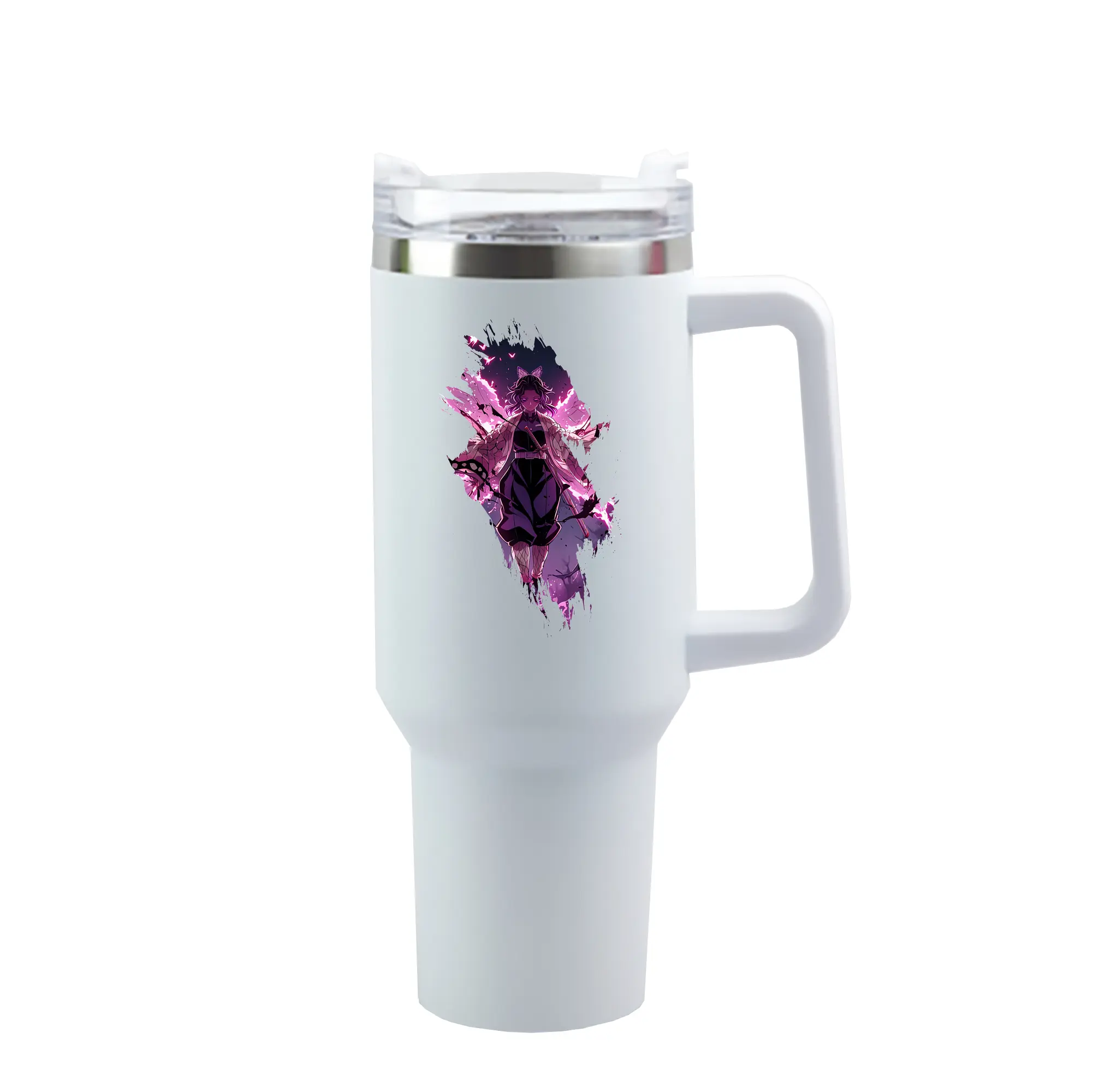 鬼滅の刃 グッズ,胡蝶 しのぶ - 1200mL 車用タンブラー ・ クリスタルステッカー ・ 304ステンレス 内側 ・ 201ステンレス 外側 ・ 保温 保冷 ・ ハンドル＆ストロー付き ・ 通勤 ドライブ アウトドア用