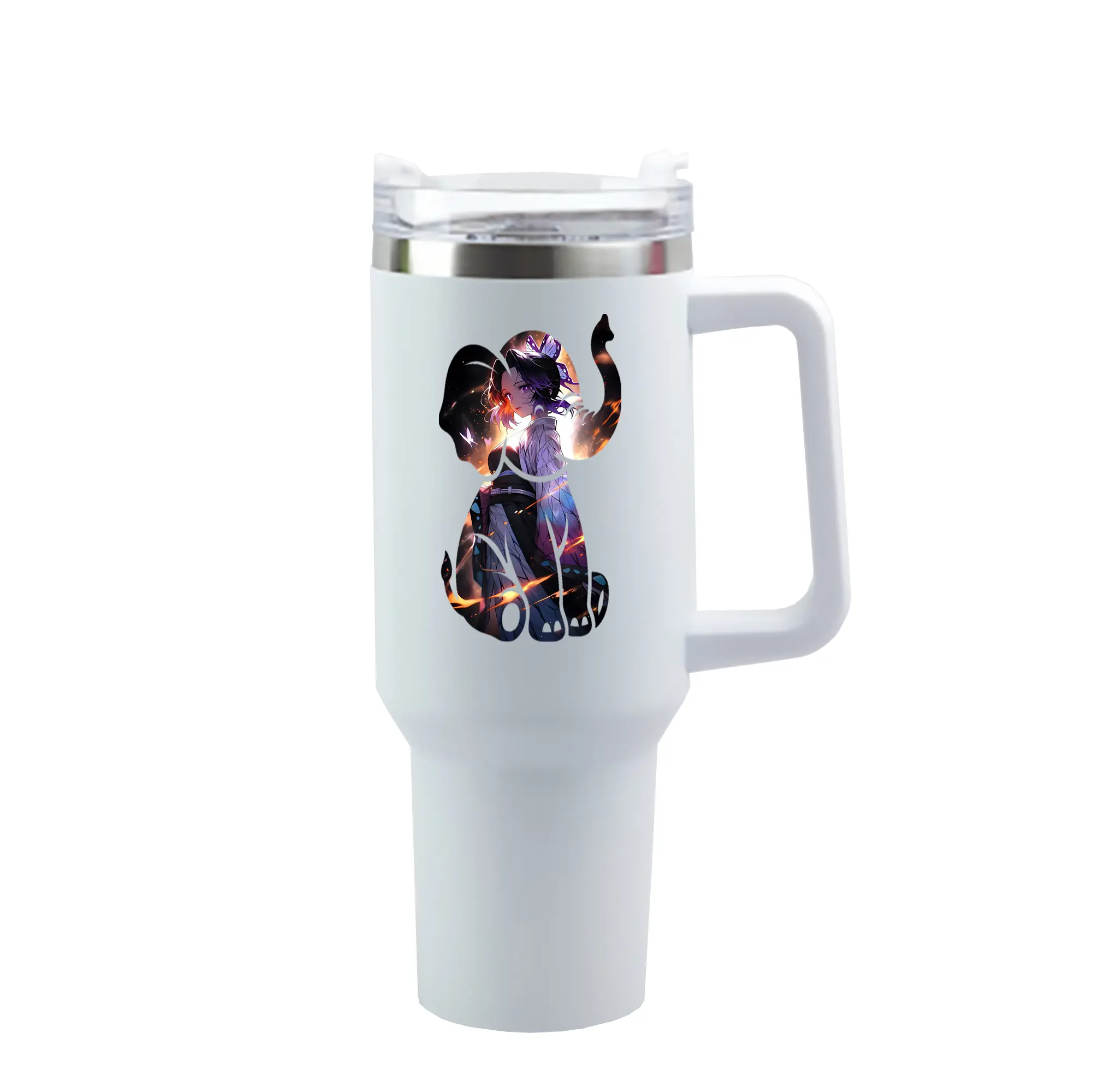 鬼滅の刃 グッズ,胡蝶 しのぶ - 1200mL 車用タンブラー ・ クリスタルステッカー ・ 304ステンレス 内側 ・ 201ステンレス 外側 ・ 保温 保冷 ・ ハンドル＆ストロー付き ・ 通勤 ドライブ アウトドア用