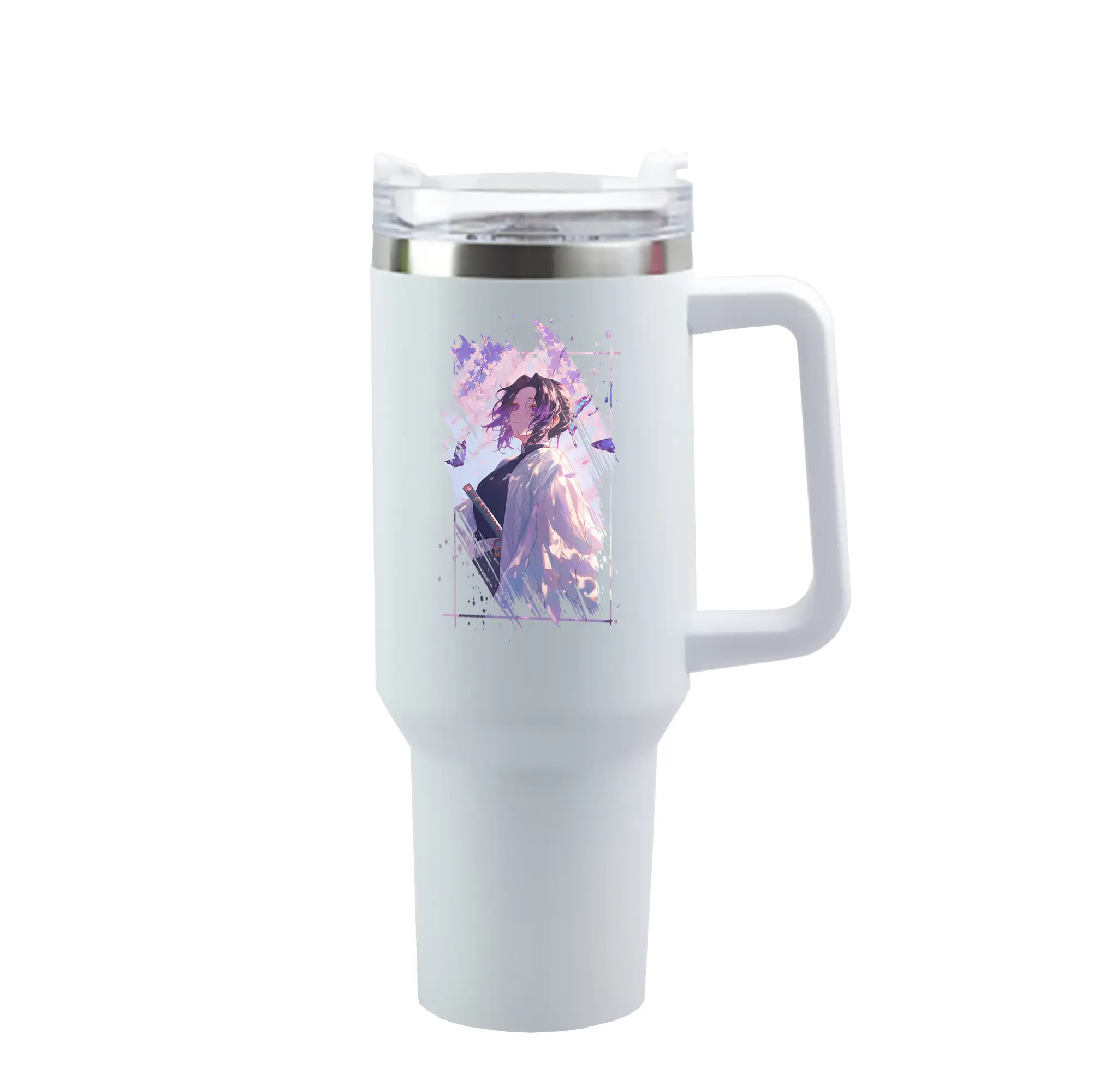 鬼滅の刃 グッズ,胡蝶 しのぶ - 1200mL 車用タンブラー ・ クリスタルステッカー ・ 304ステンレス 内側 ・ 201ステンレス 外側 ・ 保温 保冷 ・ ハンドル＆ストロー付き ・ 通勤 ドライブ アウトドア用